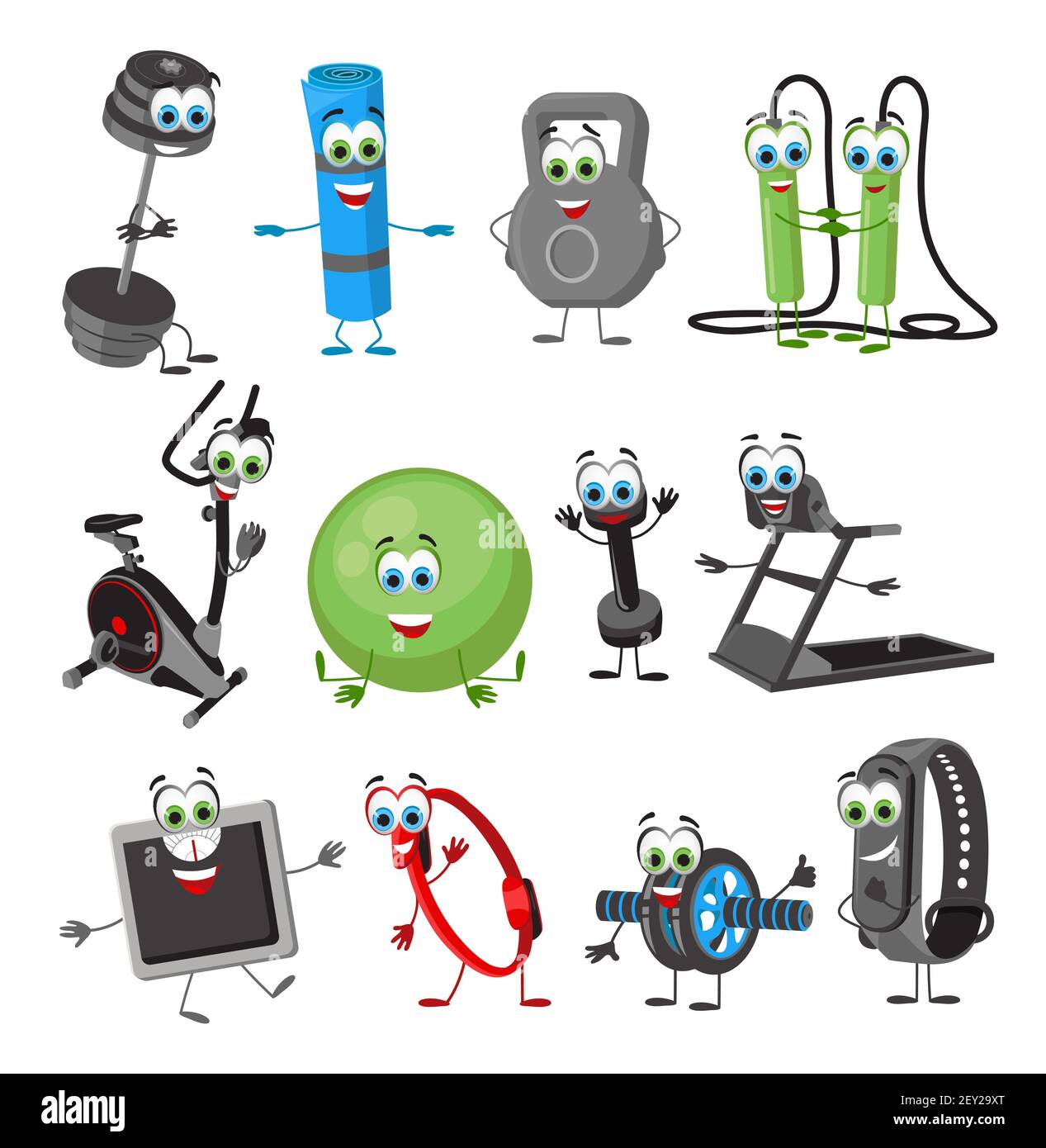 Set di oggetti Funny Fitness su sfondo bianco, collezione fitness, illustrazione vettoriale piatta Illustrazione Vettoriale
