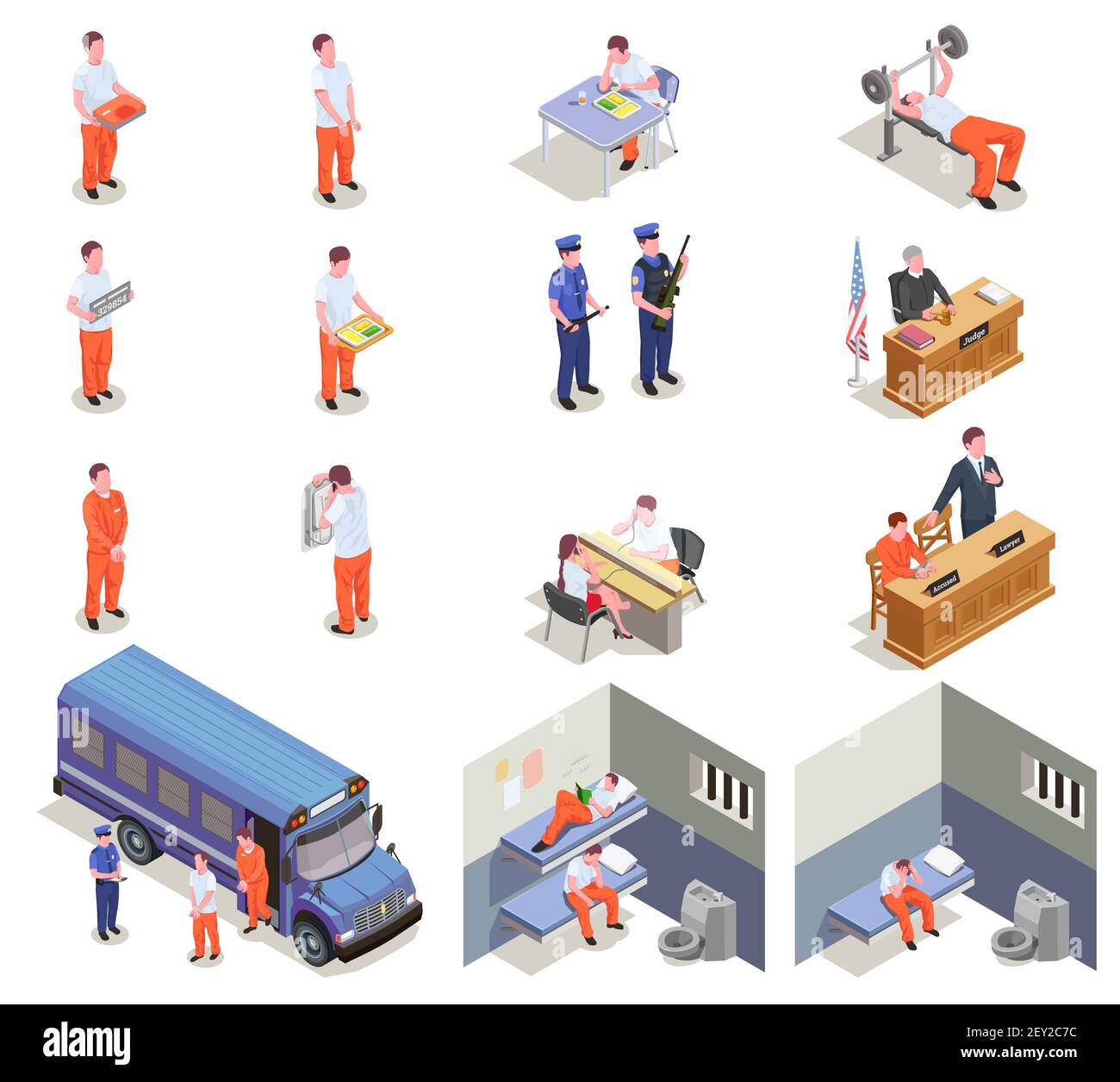 Prigione prigione elementi isometrici insieme con il processo condannato criminali trasporto celle di visitation gym custodisce illustrazioni vettoriali isolate Illustrazione Vettoriale