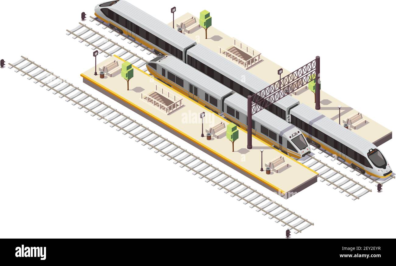 Composizione isometrica della stazione ferroviaria con piattaforme passeggeri ingresso a tunnel a scalinata illustrazione vettoriale del bus ferroviario e del treno ad alta velocità Illustrazione Vettoriale