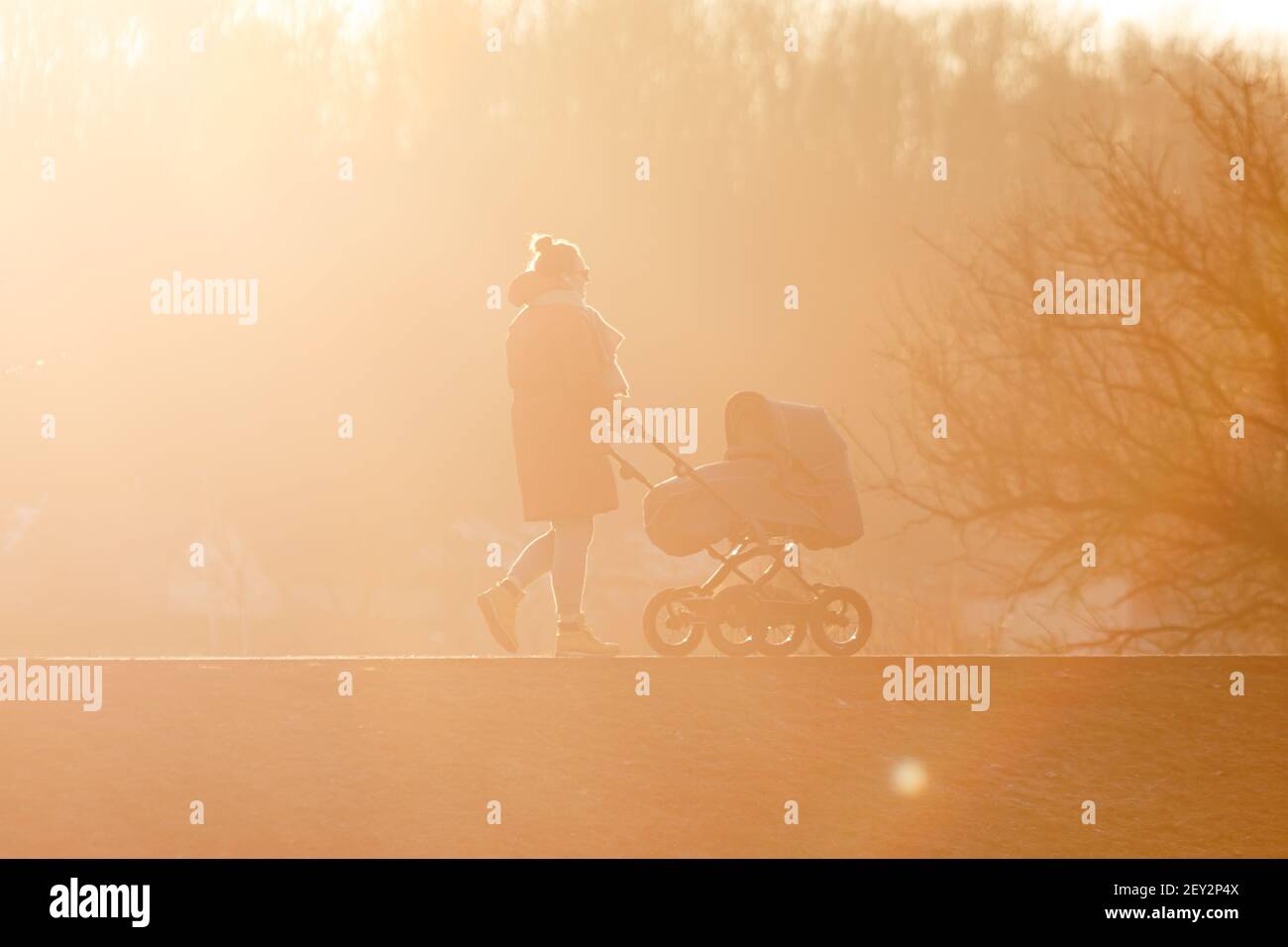 La madre guida il suo capretto sul passeggino del bambino in tramonto bello Foto Stock La madre guida il suo capretto sul passeggino del bambino in tramonto bello Foto Stock