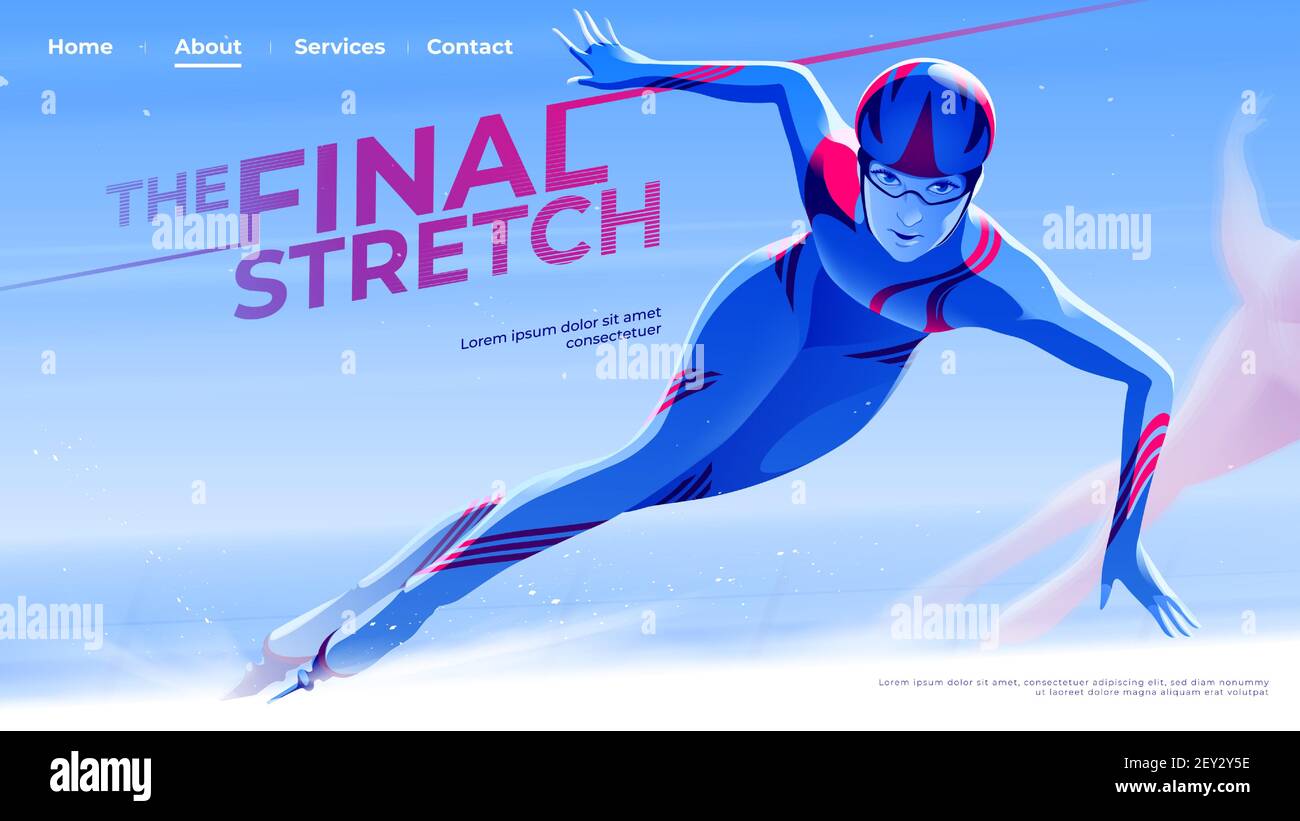 Illustrazione vettoriale per UI o una landing page in tema di pattinaggio di velocità dell'atleta di skate femminile sta uscendo dalla curva nel tratto finale. Illustrazione Vettoriale