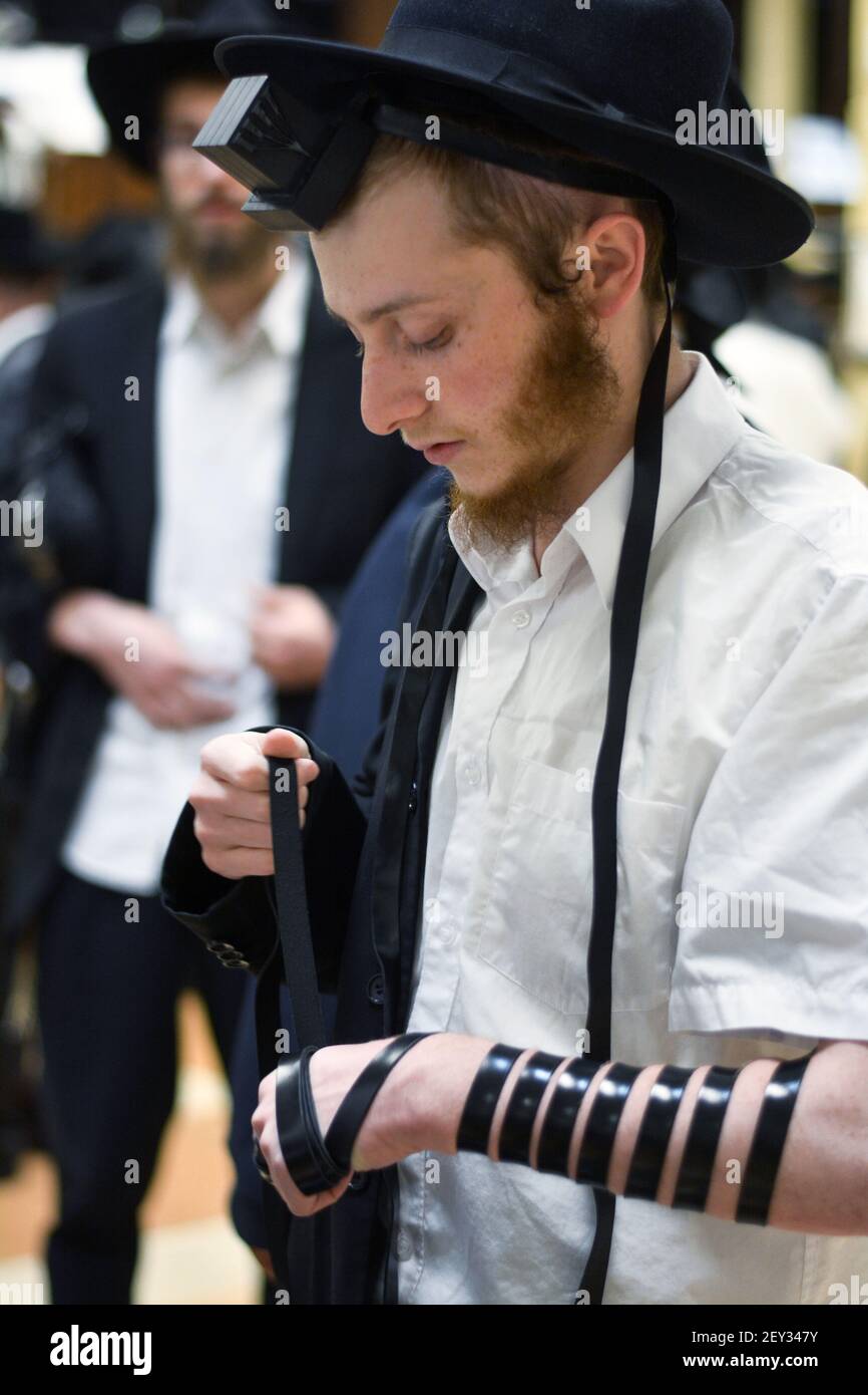 Un giovane ebreo mette la sua teilin (filatteri) in una sinagoga di Chabad a Crown Heights, Brooklyn, New York. Foto Stock
