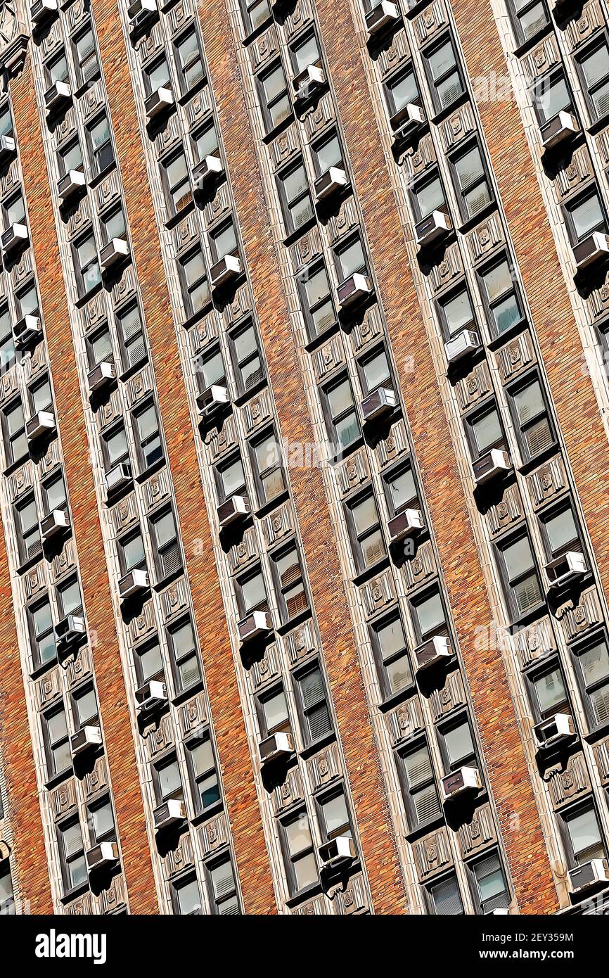 Un photoshop rendering del lato di un edificio di appartamenti nel centro di Manhattan con condizionatori d'aria in ogni finestra baia. Foto Stock