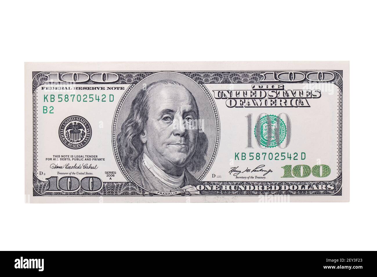 Singolo un centinaio di dollari Bill isolato su bianco Foto Stock