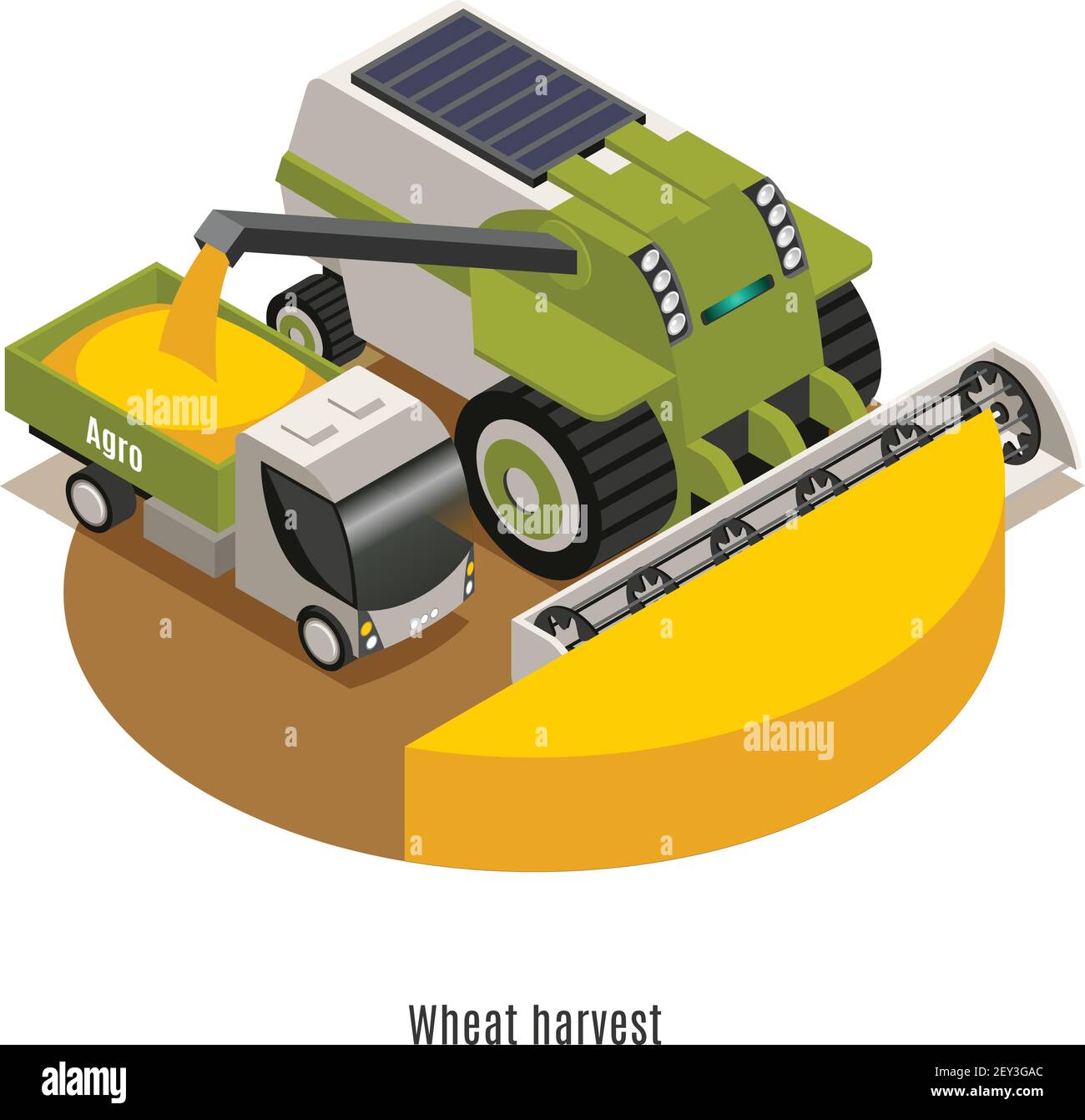 Macchina per la raccolta del grano con apparato trebbiante automatizzato della mietitrebbia robotica e agricola isometrica composizione rotonda su sfondo bianco vettore illustra Illustrazione Vettoriale