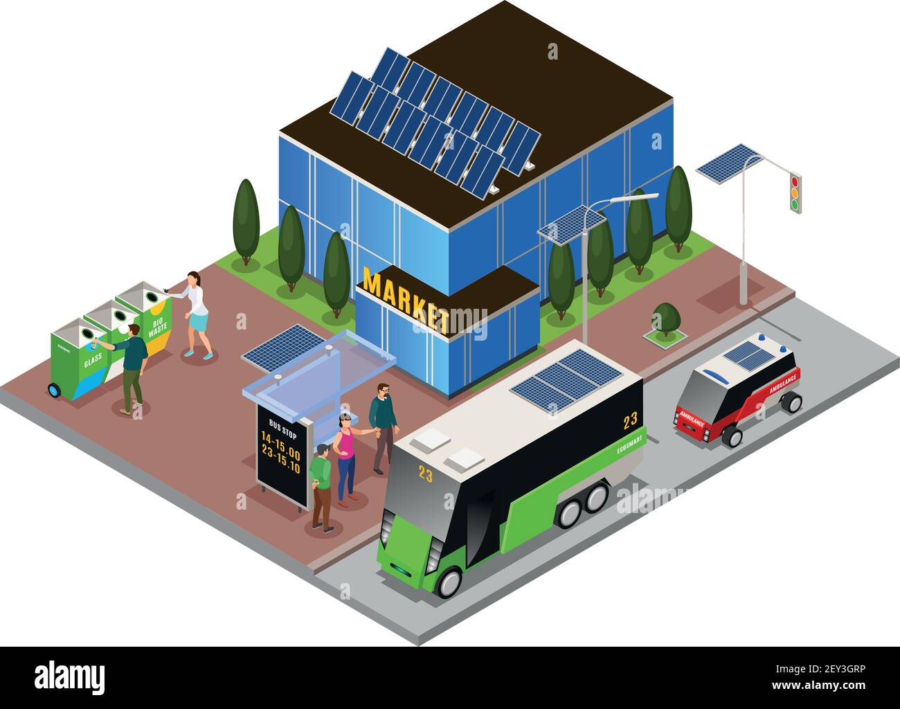 Composizione isometrica intelligente dell'ecologia urbana con batterie solari da costruzione e. contenitori per rifiuti con omnibus elettrico, immagine vettoriale Illustrazione Vettoriale