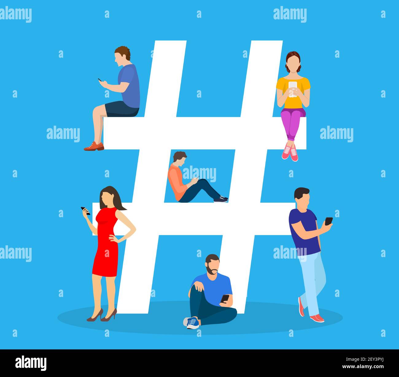 Concetto hashtag. Persone che usano dispositivi mobili Illustrazione Vettoriale