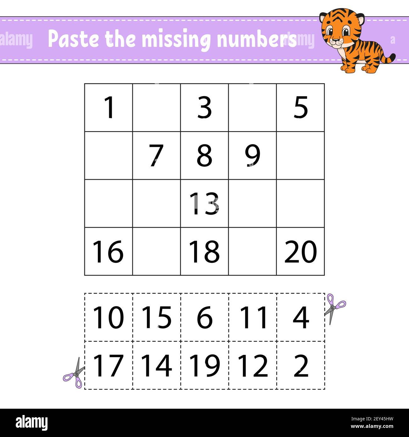 Incollare i numeri mancanti 1-20. Gioco per bambini. Pratica di scrittura a mano. Numeri di apprendimento per i bambini. Foglio di lavoro per lo sviluppo dell'istruzione. Pagina attività. ISO Illustrazione Vettoriale
