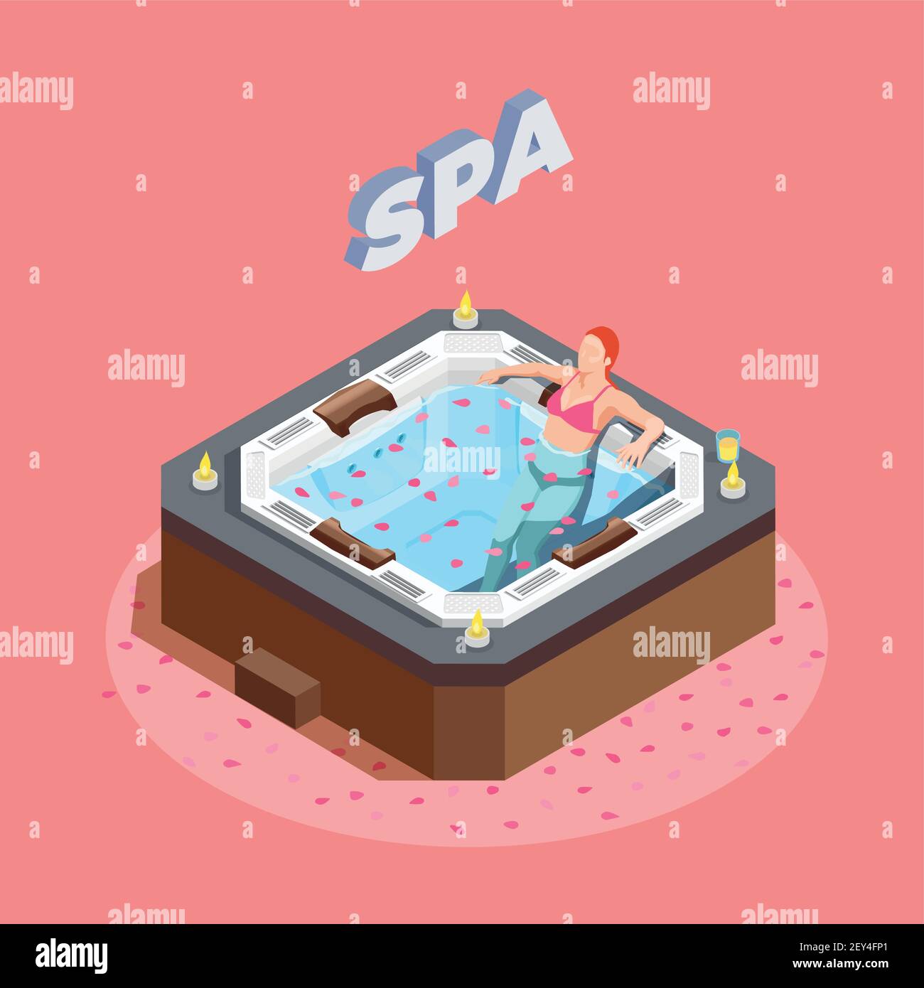 Donna in bagno con petali di rosa durante la terapia dell'acqua isometrica composizione su sfondo rosa illustrazione vettoriale Illustrazione Vettoriale