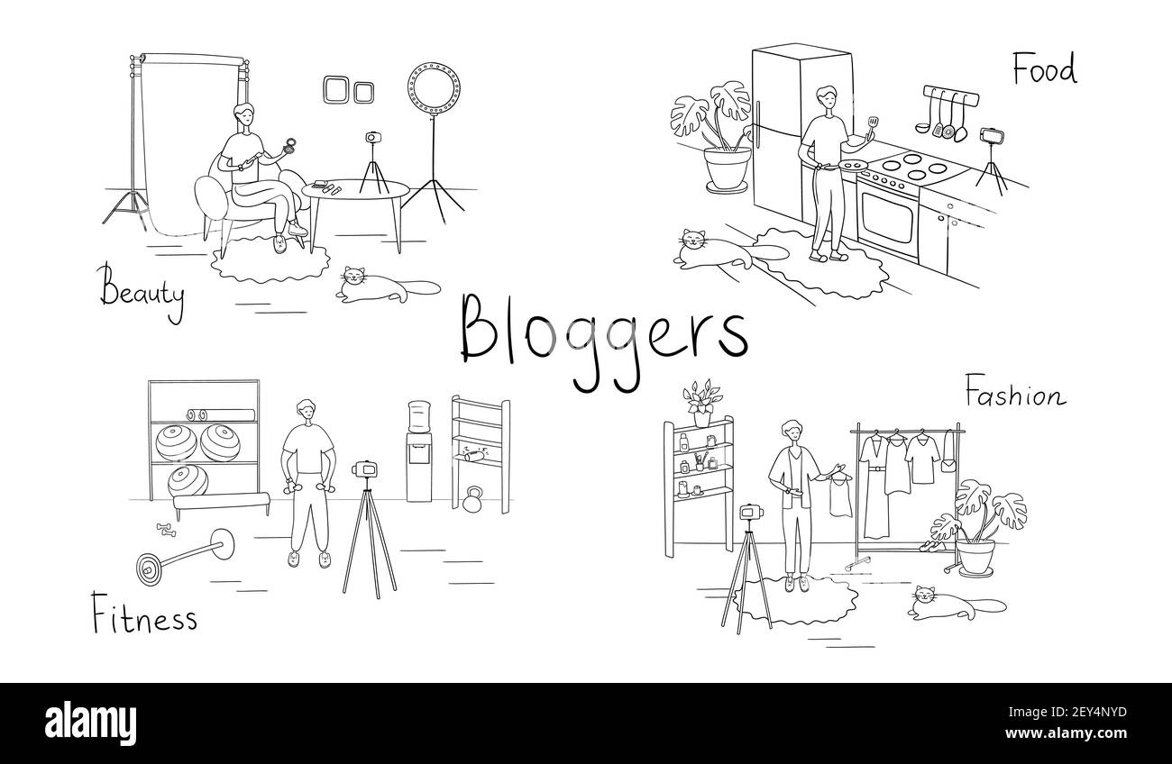 Set di blogger e vloggers che fanno contenuti Internet. Popoli che creano video per il loro canale del blog. Influencer che sparano vlog. Vettore Illustrazione Vettoriale