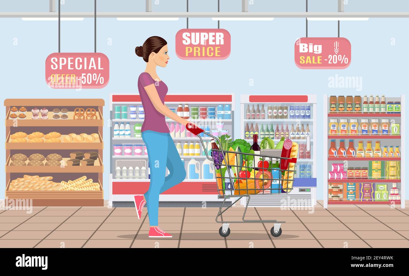 Giovane donna shopping per negozi di generi alimentari Illustrazione Vettoriale