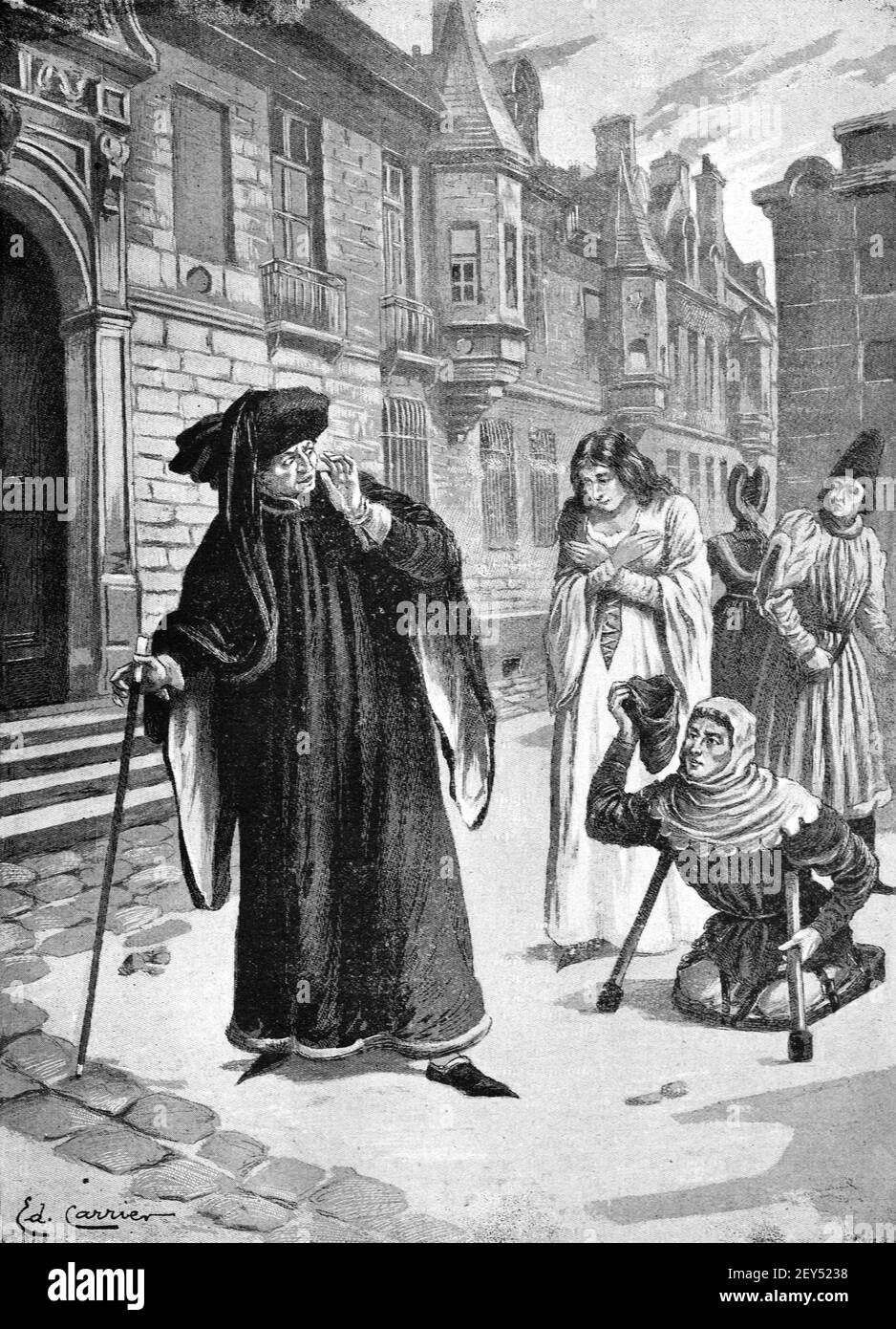 Paralizzano mendicando o cercando Beggar ALMS da Magistrate fuori del tribunale Nella Francia medievale 1896 immagine d'epoca o incisione Foto Stock
