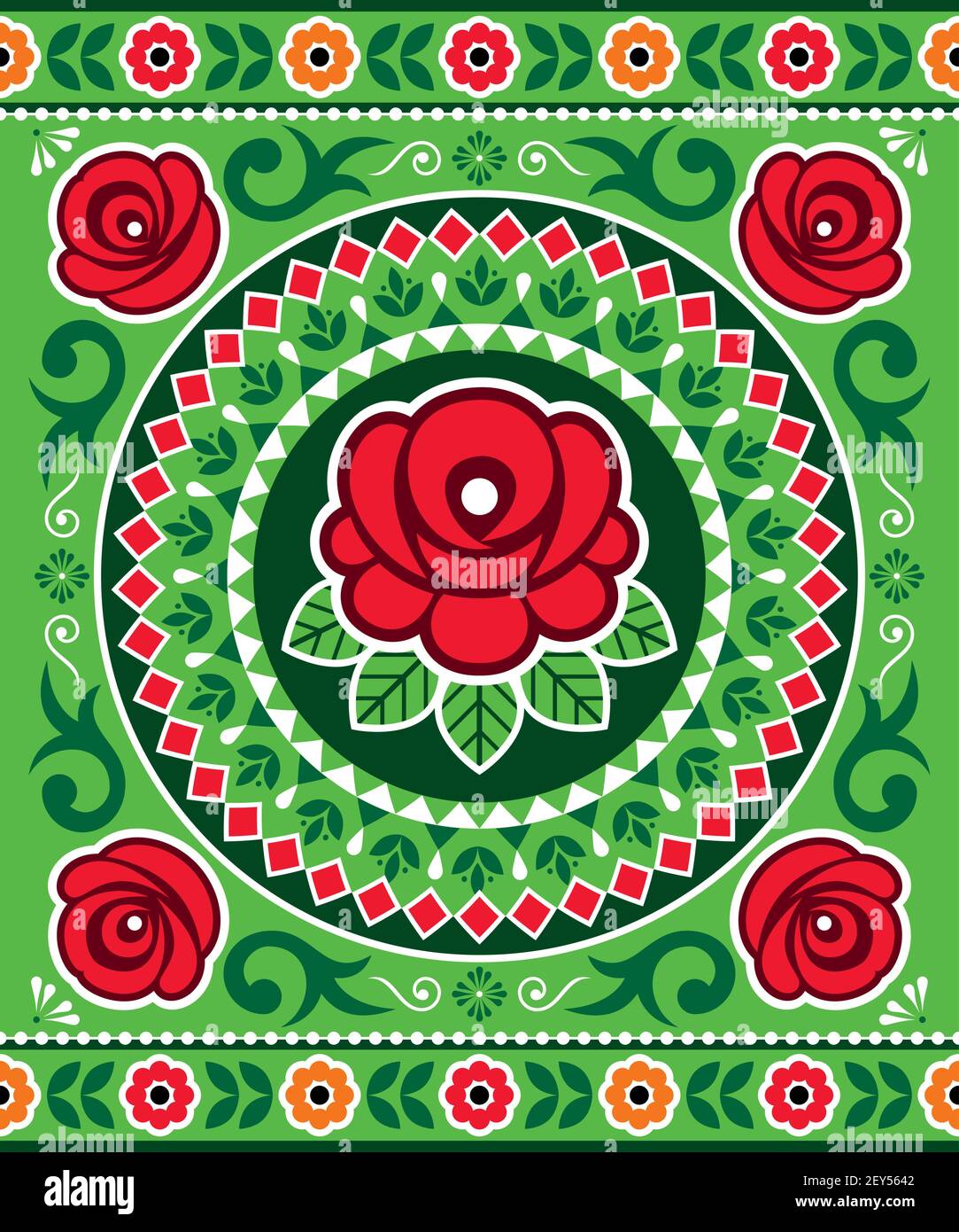 Pakistano e indiano camionista arte vettoriale senza cuciture modello o poster orizzontale con rose, motivo floreale mandala, Diwali vibrante modello Illustrazione Vettoriale