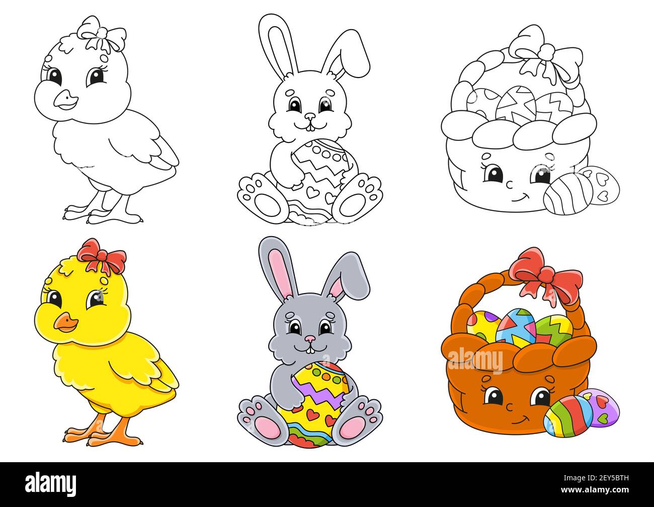 Tema di Pasqua. Imposta la pagina da colorare per i bambini. Simpatici personaggi cartoni animati. Tratto nero. Con campione. Illustrazione vettoriale. Illustrazione Vettoriale