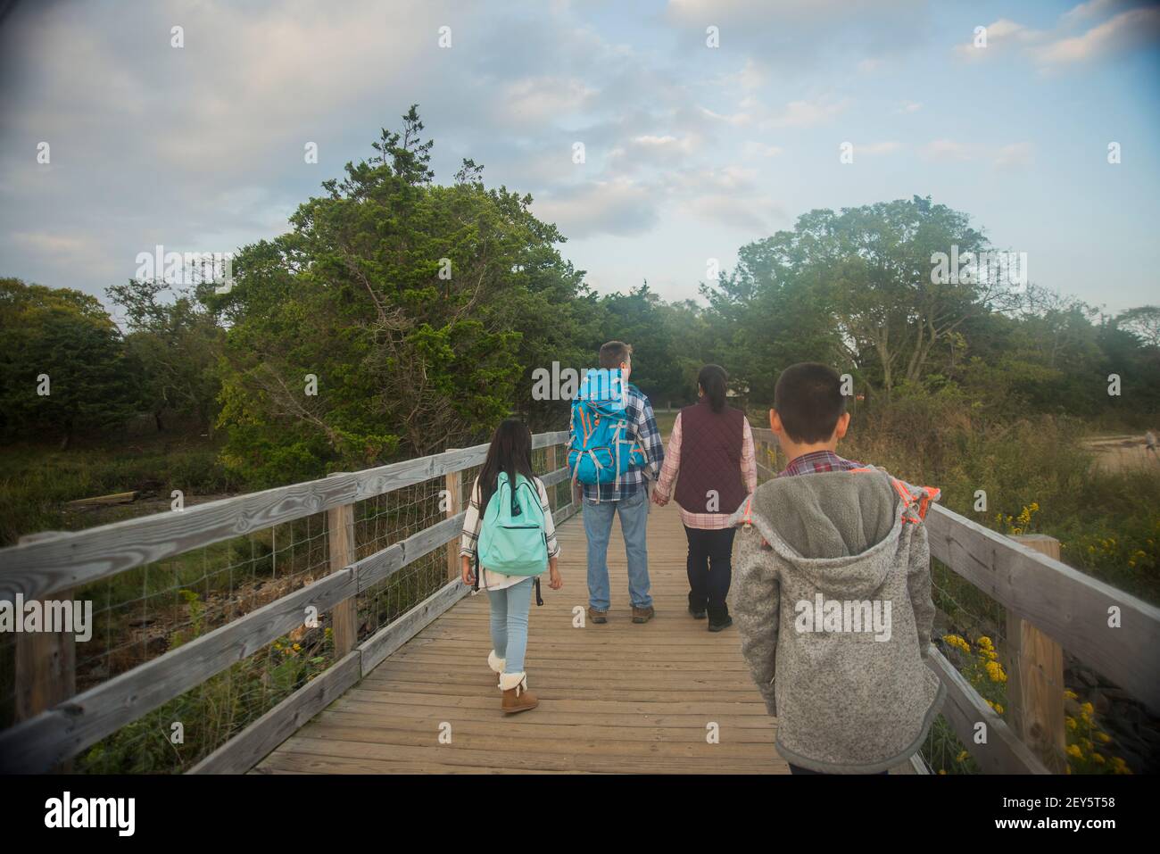 Famiglia escursioni insieme sul ponte Foto Stock