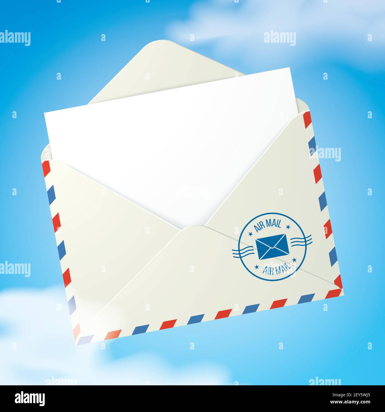 Busta aperta con francobollo di servizio postale Air Mail e una lettera vuota all'interno, che vola nel cielo con le nuvole. Illustrazione vettoriale del concetto di messaggio volante, con spazio di copia. Illustrazione Vettoriale