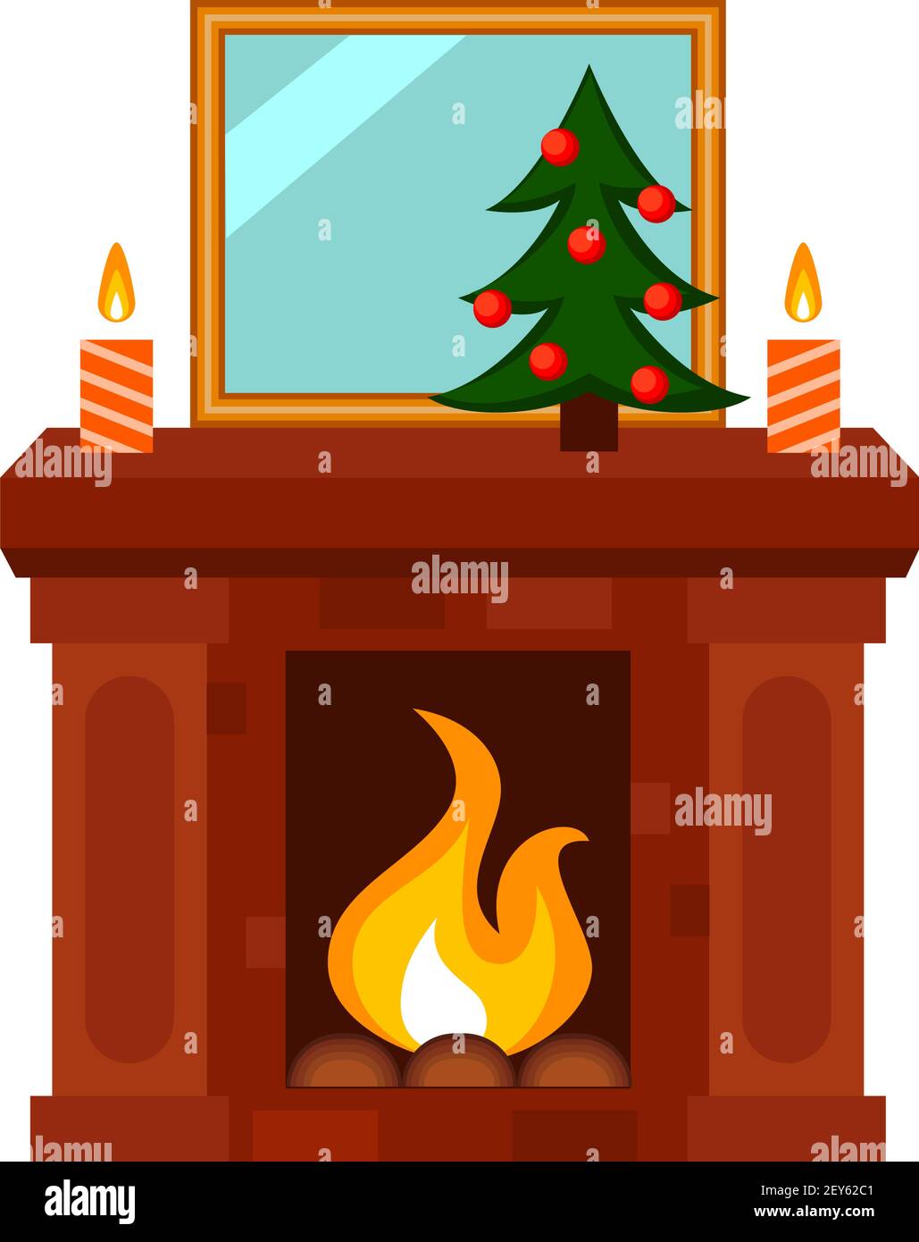 Colorato fumetto xmas decorato camino. Accogliente riscaldamento domestico caldo. Illustrazione vettoriale del tema di Natale per poster, etichette o carte regalo decorazione Illustrazione Vettoriale