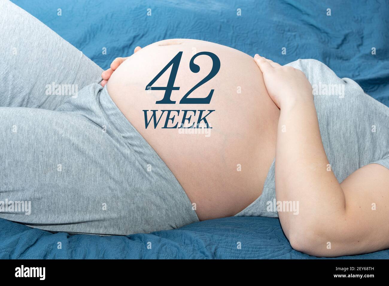 Il concetto di gravidanza. Bella pancia di una donna incinta con un calendario di 42 settimane. Una donna incinta si aspetta un bambino. Concetto di tempo e attesa Foto Stock
