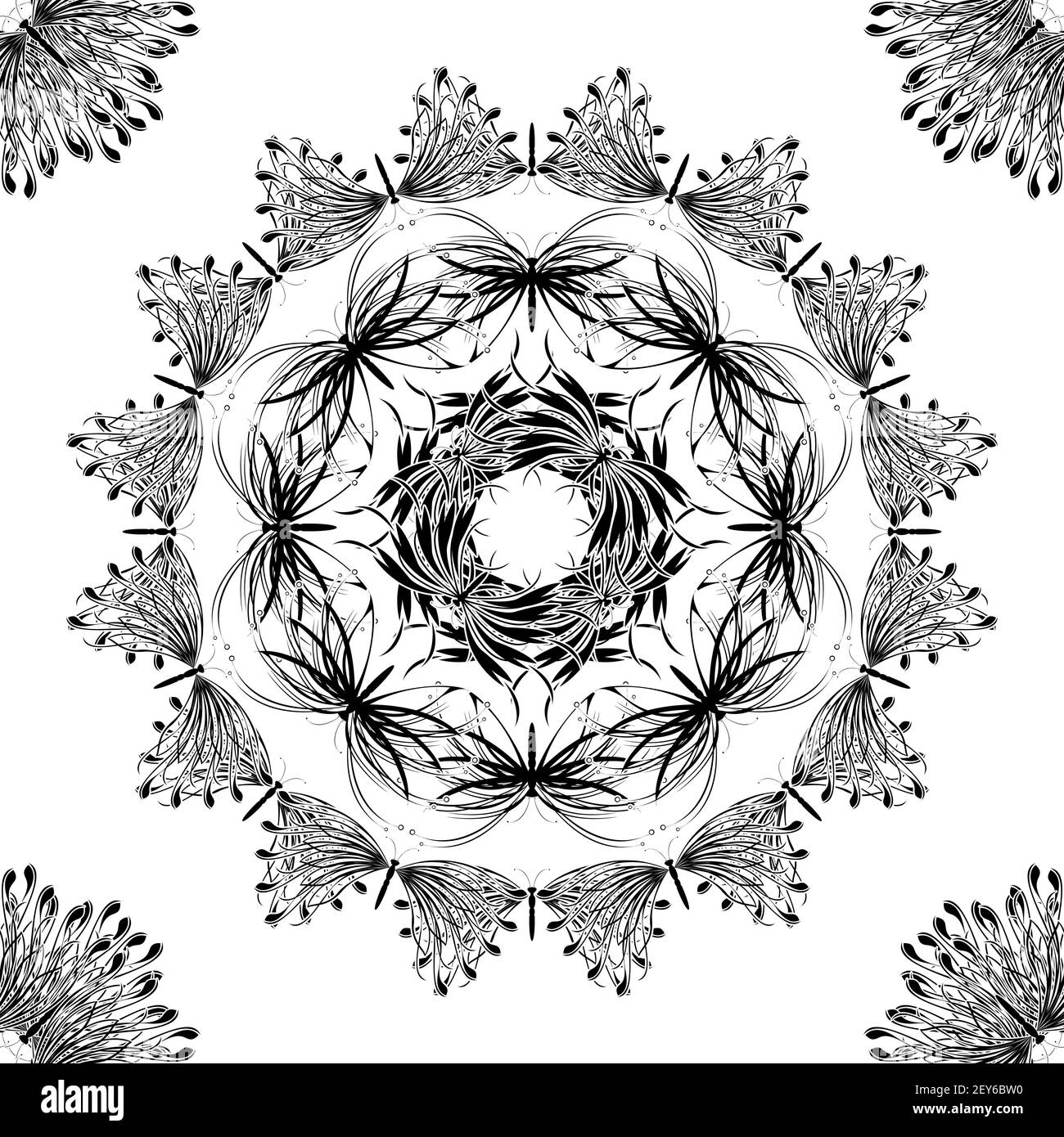 Madala design in bianco e nero con farfalle stilizzate Illustrazione Vettoriale