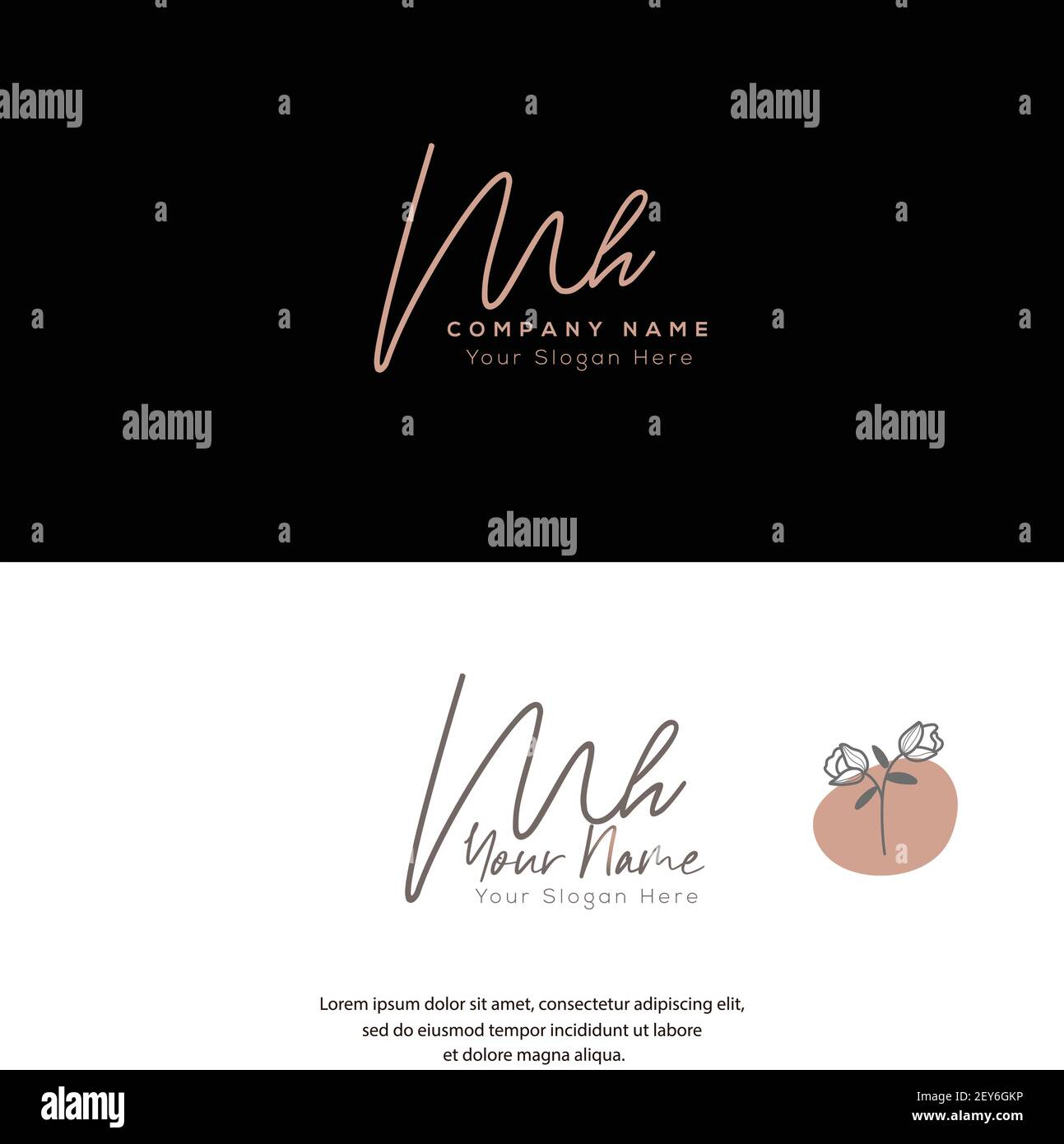 M H MH scrittura a mano della lettera iniziale e logo della firma. Beauty Vector primo logo .Moda, boutique, floreale e botanico Illustrazione Vettoriale