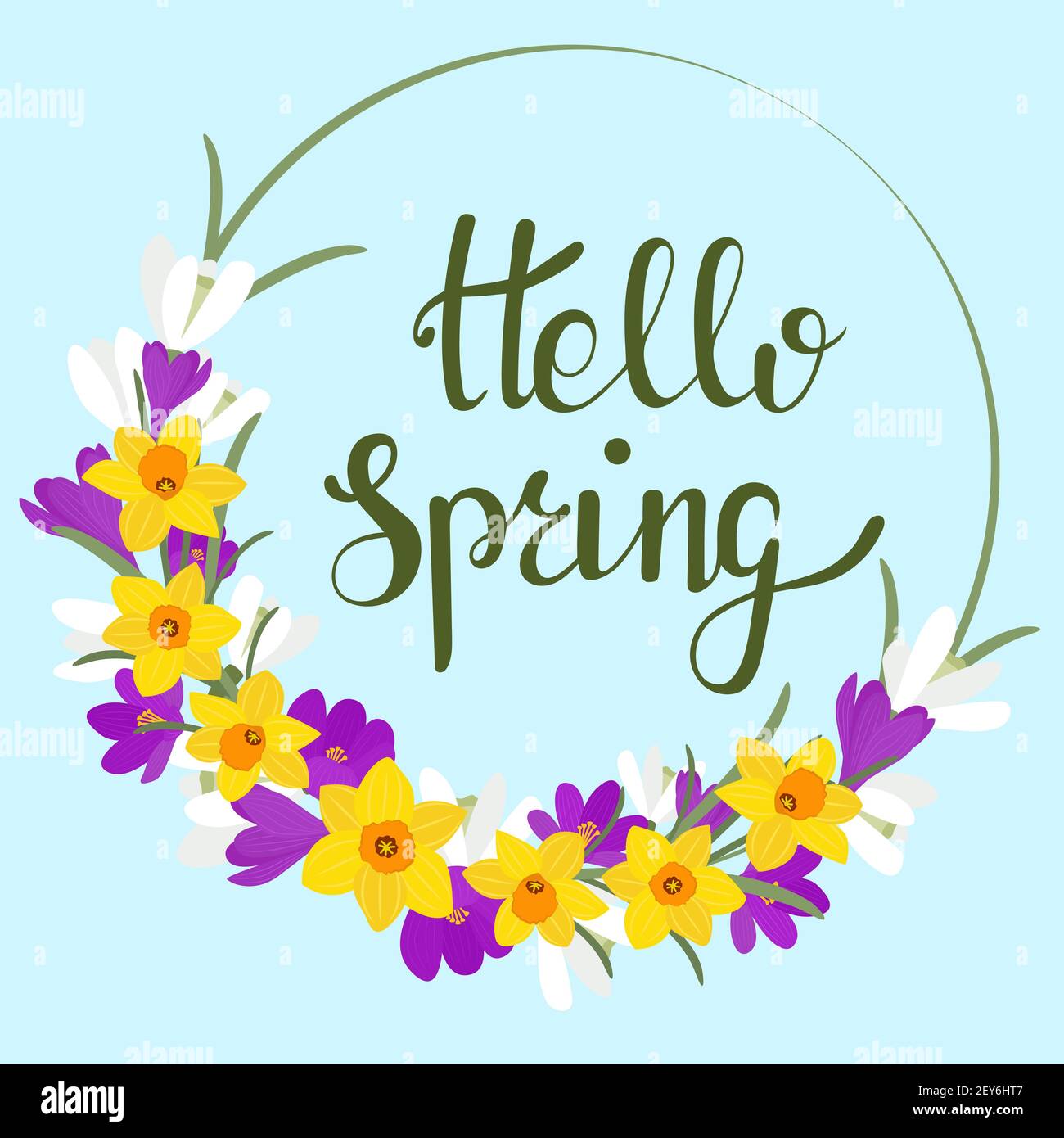 Cornice circolare con fiori di primavera e testo. Ciao primavera. Vettore. I primi fiori primaverili, nevicate, croci, narcisi in cerchio. Illustrazione Vettoriale