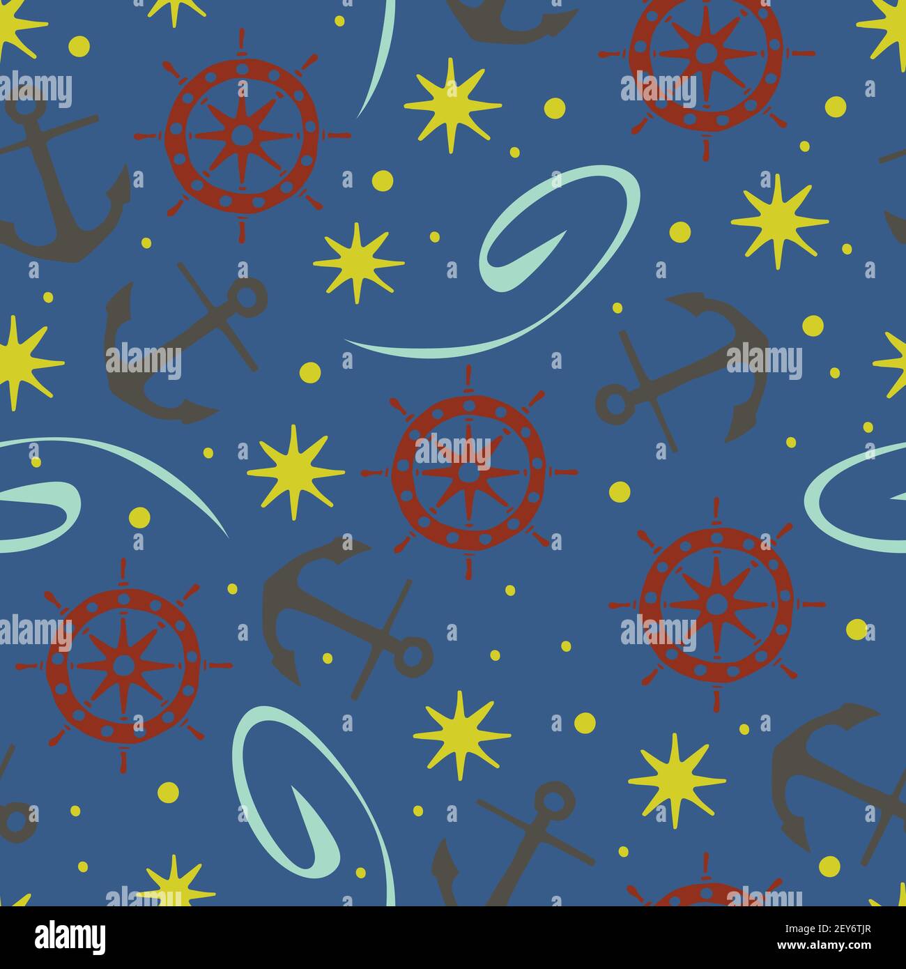Pattern vettoriale senza giunture con ancora e ruota di bordo su sfondo blu. Carta da parati nautica per bambini. Semplici elementi di mare moda tessile. Illustrazione Vettoriale