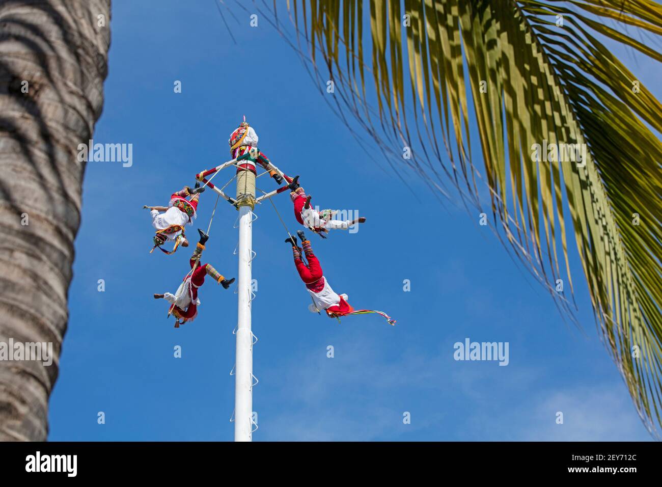 Danza de los Voladores / Danza dei volantini / uomini volanti di Papantla che eseguono l'antico rituale mesoamericano a Puerto Vallarta, Jalisco, Messico Foto Stock