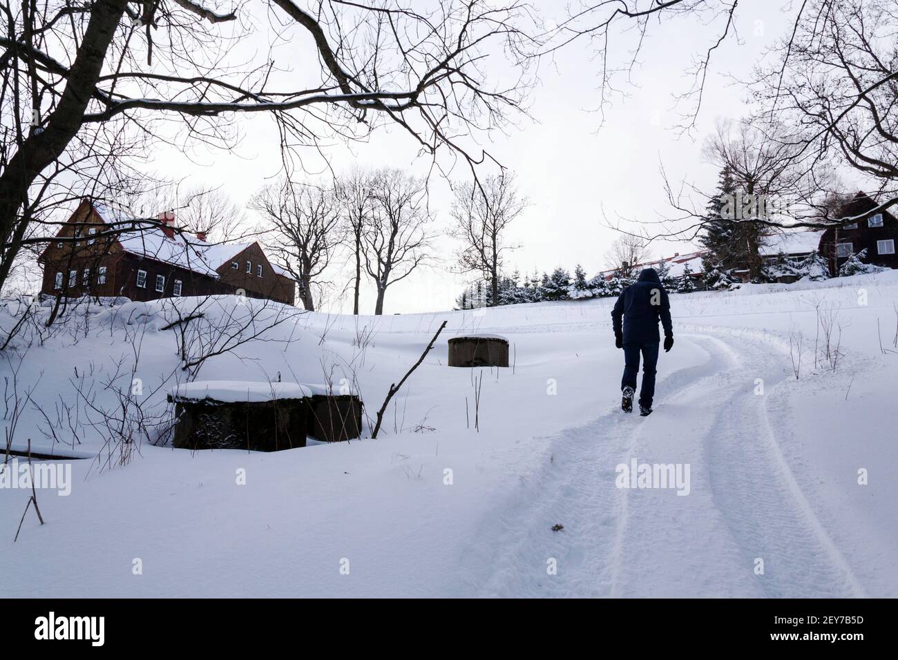 Passeggiata solitaria in un paesaggio naturale innevato, stile di vita attivo, miglioramento dell'anima del corpo mentale, giornata invernale in quarantena, montagne di Krkonose, Repubblica Ceca Foto Stock