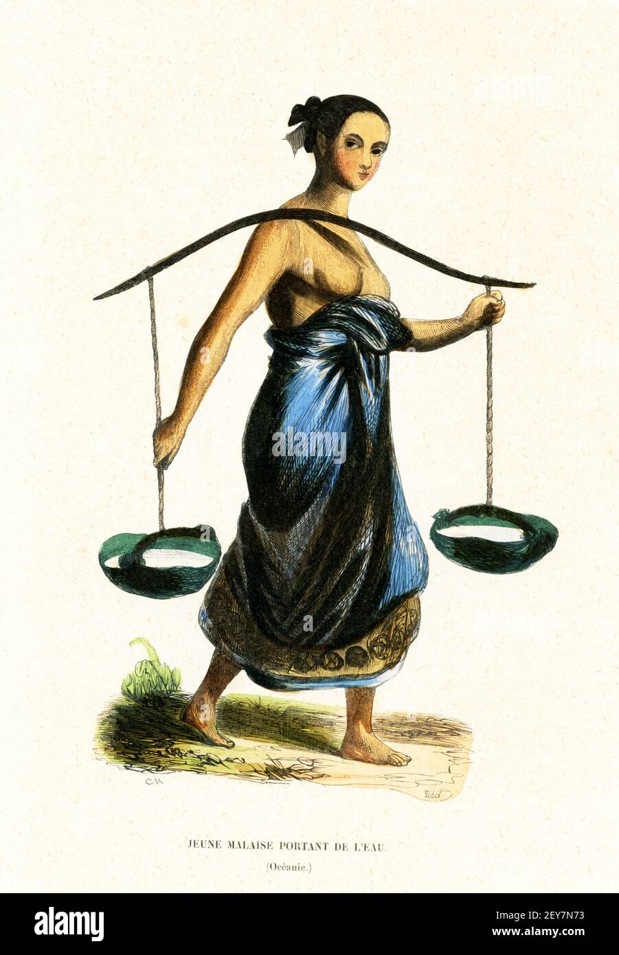Questa illustrazione del 1840 mostra una giovane donna malese che porta acqua. La Malesia è un paese del sud-est asiatico che occupa parti della penisola malese e dell'isola di Borneo. È conosciuta per le sue spiagge, le foreste pluviali e il mix di influenze culturali malesi, cinesi, indiane ed europee. La capitale è Kuala Lumpur. La Malesia fa parte dell'area del mondo conosciuta come Oceania. L'Oceania è una regione geografica che comprende l'Australasia, la Melanesia, la Micronesia e la Polinesia. L'Oceania, che si estende per gli emisferi orientali e occidentali, ha una superficie di 8,525,989 chilometri quadrati. Foto Stock