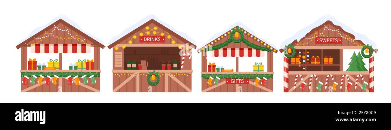 Set chiosco mercatino di Natale, tradizionale mercatino di Natale inverno in legno Illustrazione Vettoriale