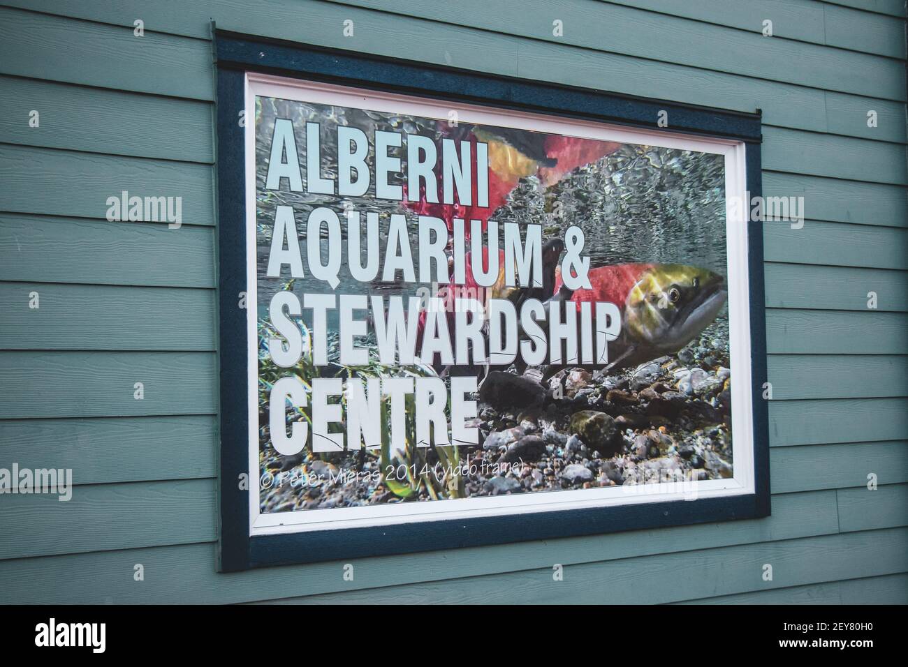 Port Alberni, Canada - 24 settembre 2020: Primo piano Vista del cartello Alberni Aquarium and Stewardship Center a Port Alberni Foto Stock