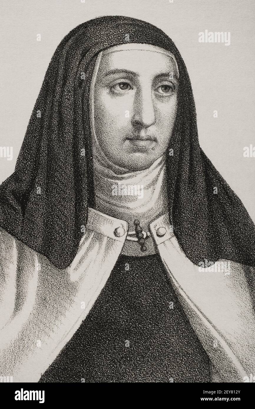 Teresa di Avila (1515-1582). Riformatore religioso dell'Ordine Carmelitano. Illustrazione di Llanta, dettaglio. Litografia. Cronica General de España, Historia Ilustrada y Descriptiva de sus Provincias. Castilla-la Vieja, 1870. Foto Stock