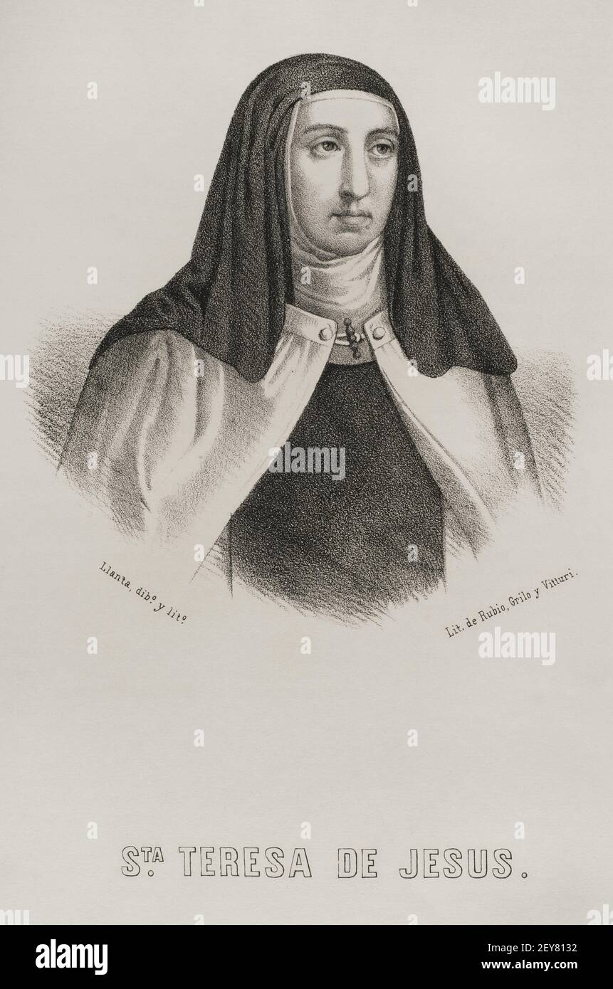 Teresa di Avila (1515-1582). Riformatore religioso dell'Ordine Carmelitano. Illustrazione di Llanta. Litografia. Cronica General de España, Historia Ilustrada y Descriptiva de sus Provincias. Castilla-la Vieja, 1870. Foto Stock