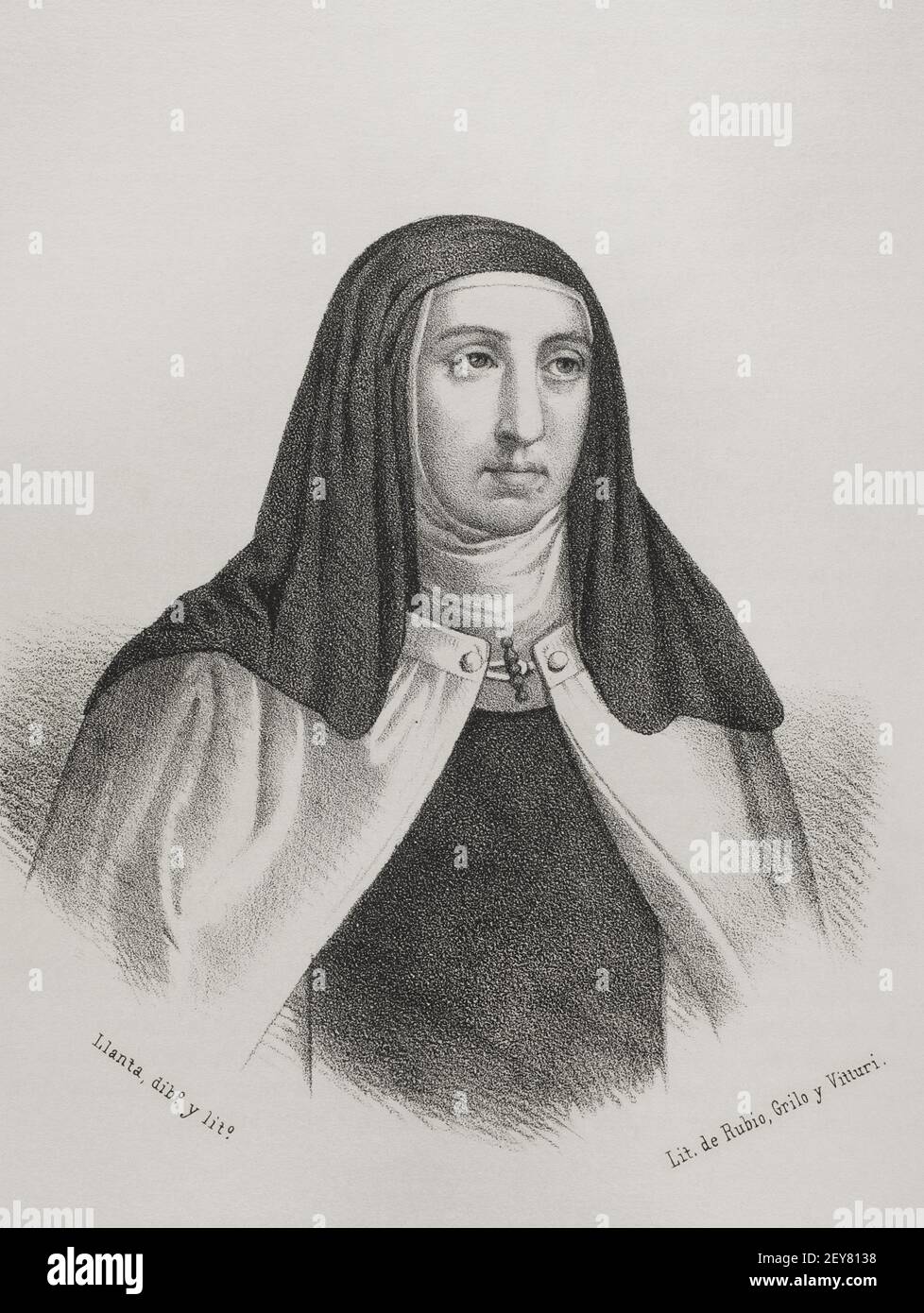 Teresa di Avila (1515-1582). Riformatore religioso dell'Ordine Carmelitano. Illustrazione di Llanta. Litografia. Cronica General de España, Historia Ilustrada y Descriptiva de sus Provincias. Castilla-la Vieja, 1870. Foto Stock