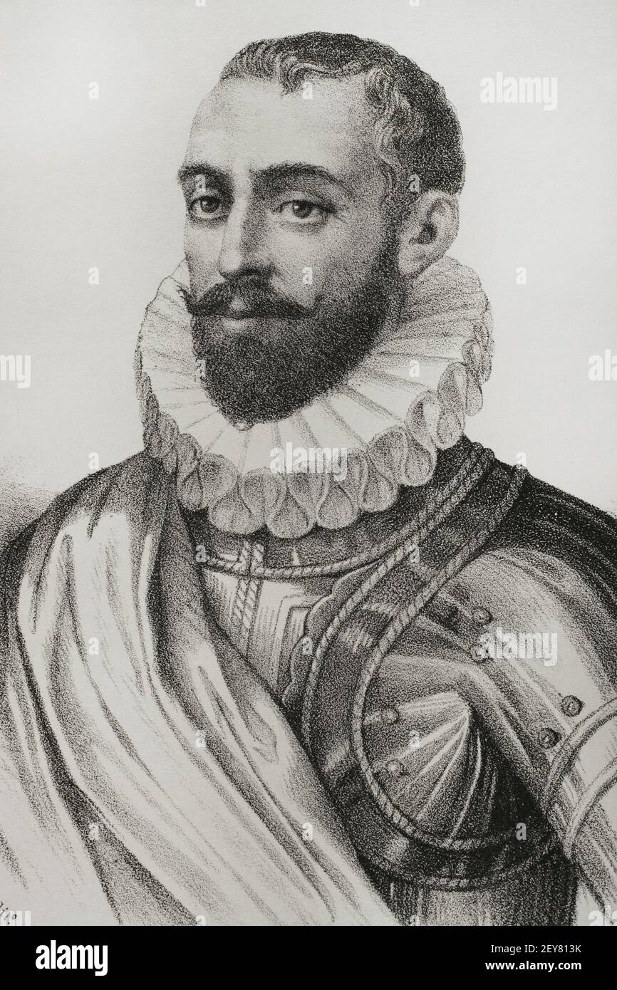 Sancho Davila y Daza (Avila, 1523-Lisbona, 1583). Militare spagnolo, il cosiddetto 'Rayo de la Guerra' (raggio di guerra). Combatté contro i Turchi sotto il comando del Duca d'Alba. Combatté anche nelle Fiandre e sequestrò Anversa nel 1576. Felipe II gli affidò la sorveglianza delle coste di Granada nel 1578. Nella campagna del Portogallo fu generale di fiducia del Duca d'Alba. Partecipò alla battaglia di Alcantara (25 agosto 1580). Illustrazione di Llanta. Litografia. Cronica General de España, Historia Ilustrada y Descriptiva de sus Provincias. Castilla-la Vieja, 1870. Foto Stock