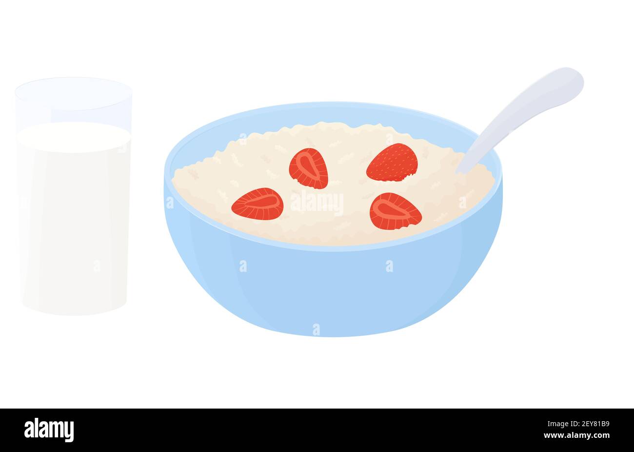 Ciotola per la colazione con farinata d'avena e fragole. Tazza di porridge di grano di avena con un bicchiere di latte e bacche isolati su sfondo bianco. Cibo vettoriale Illustrazione Vettoriale
