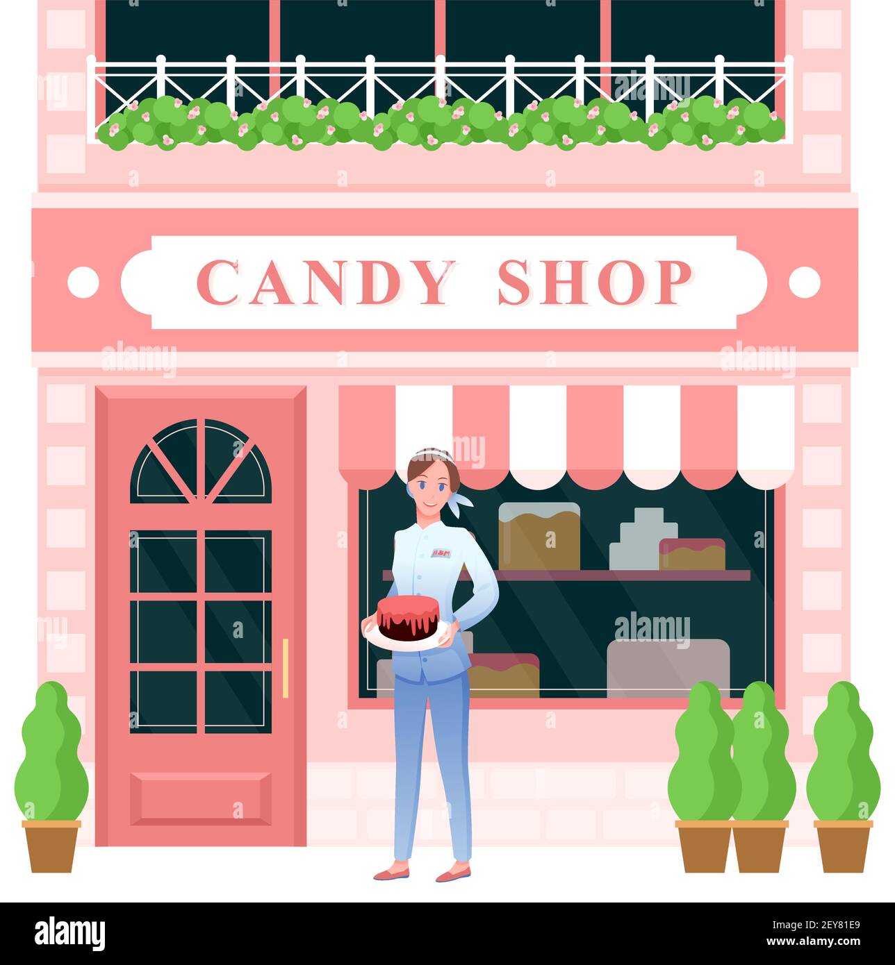 Negozio di dolciumi, venditore di donne che tiene una torta al cioccolato, in piedi all'ingresso della pasticceria Illustrazione Vettoriale