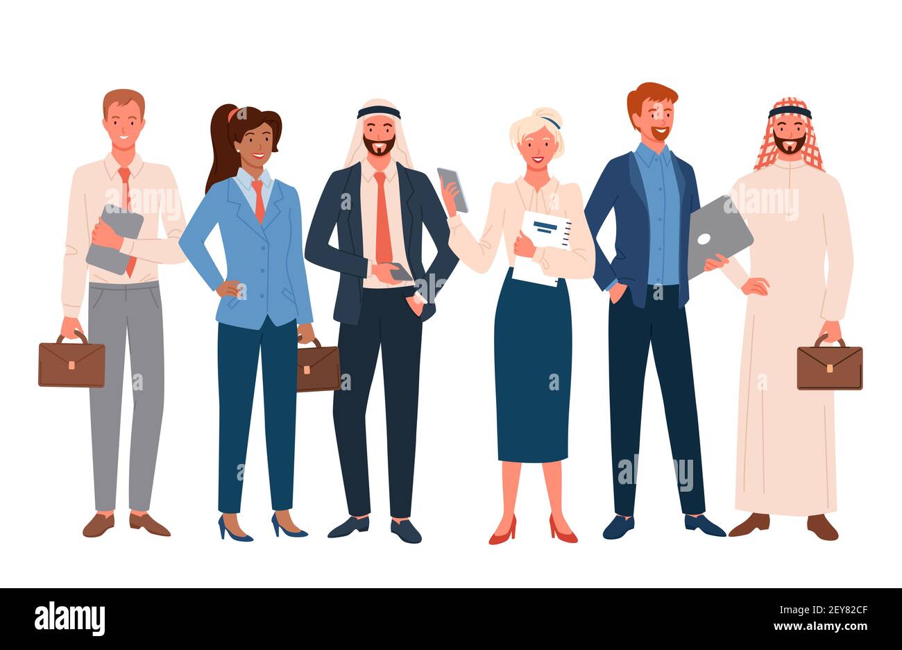 Uomini d'affari, team internazionale di dipendenti, felici lavoratori d'ufficio folla aziendale Illustrazione Vettoriale