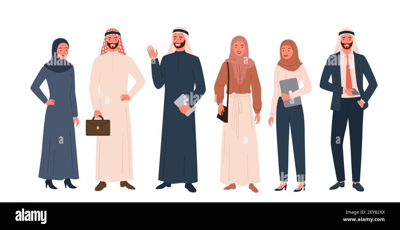 Set popolo arabo, felice donna saudita, uomo in abiti musulmani moderni e tradizionali in piedi Illustrazione Vettoriale