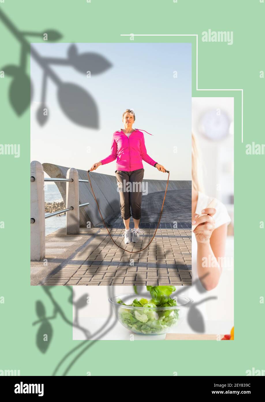 Illustrazione di due foto di donna con la corda saltante e. mangiare sano su sfondo verde Foto Stock