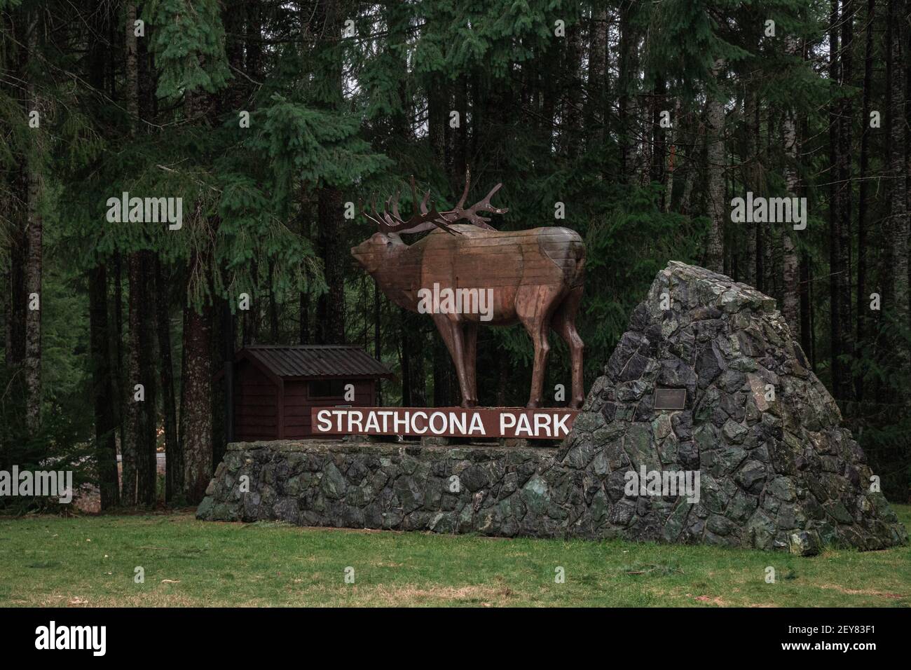 Vancouver Island, Canada - Novembre 17,2020: Vista del cartello di benvenuto Strathcona Park con foresta sullo sfondo Foto Stock
