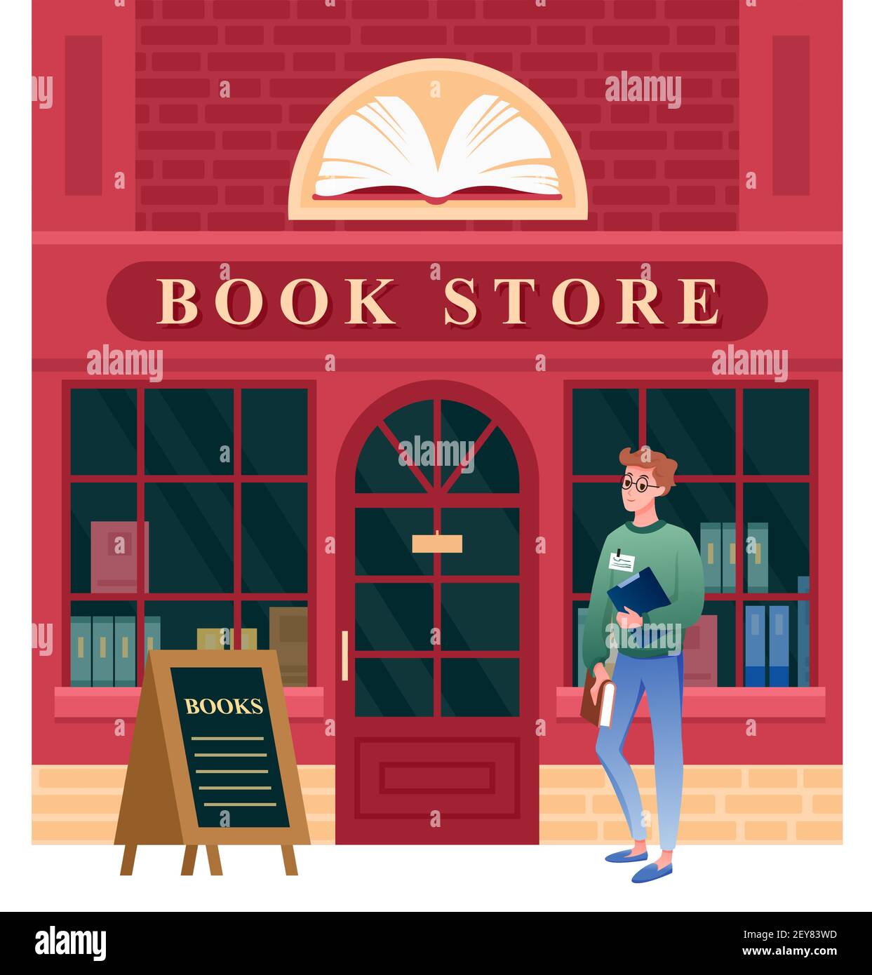La facciata di un negozio di libri, l'architettura vintage della costruzione della città di una libreria e di un ragazzo studente Illustrazione Vettoriale