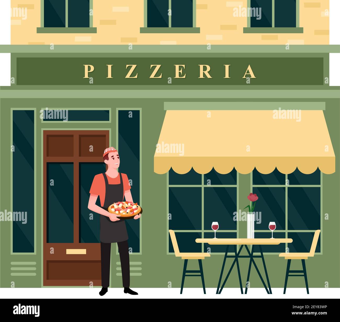 Pizzeria facciata della strada cittadina, piccola azienda alimentare, felice carattere chef che tiene la pizza Illustrazione Vettoriale
