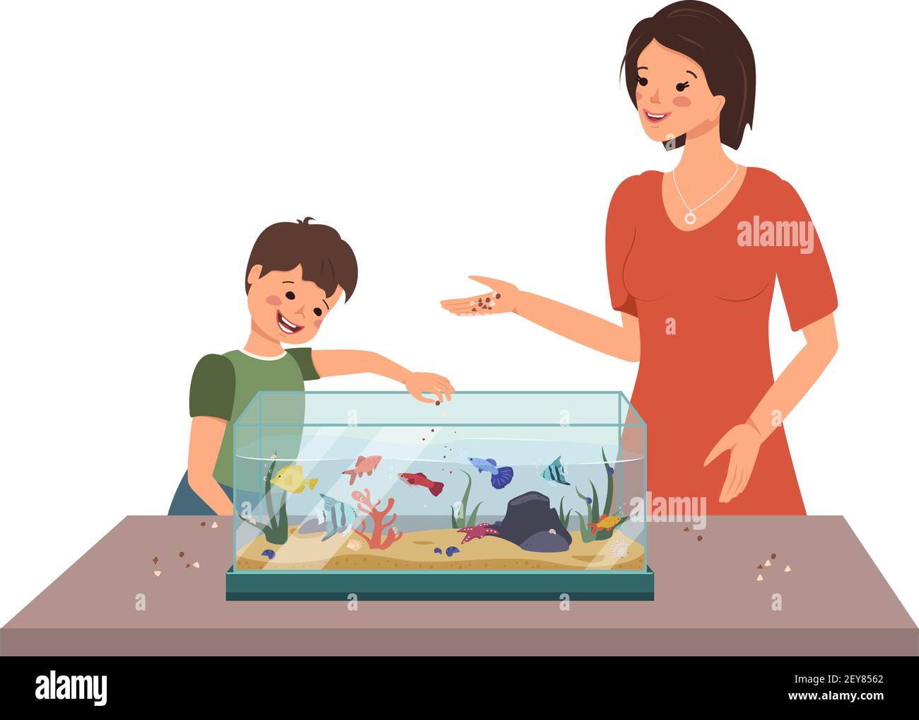 Mamma e ragazzo nutrono i pesci nell'acquario Illustrazione Vettoriale