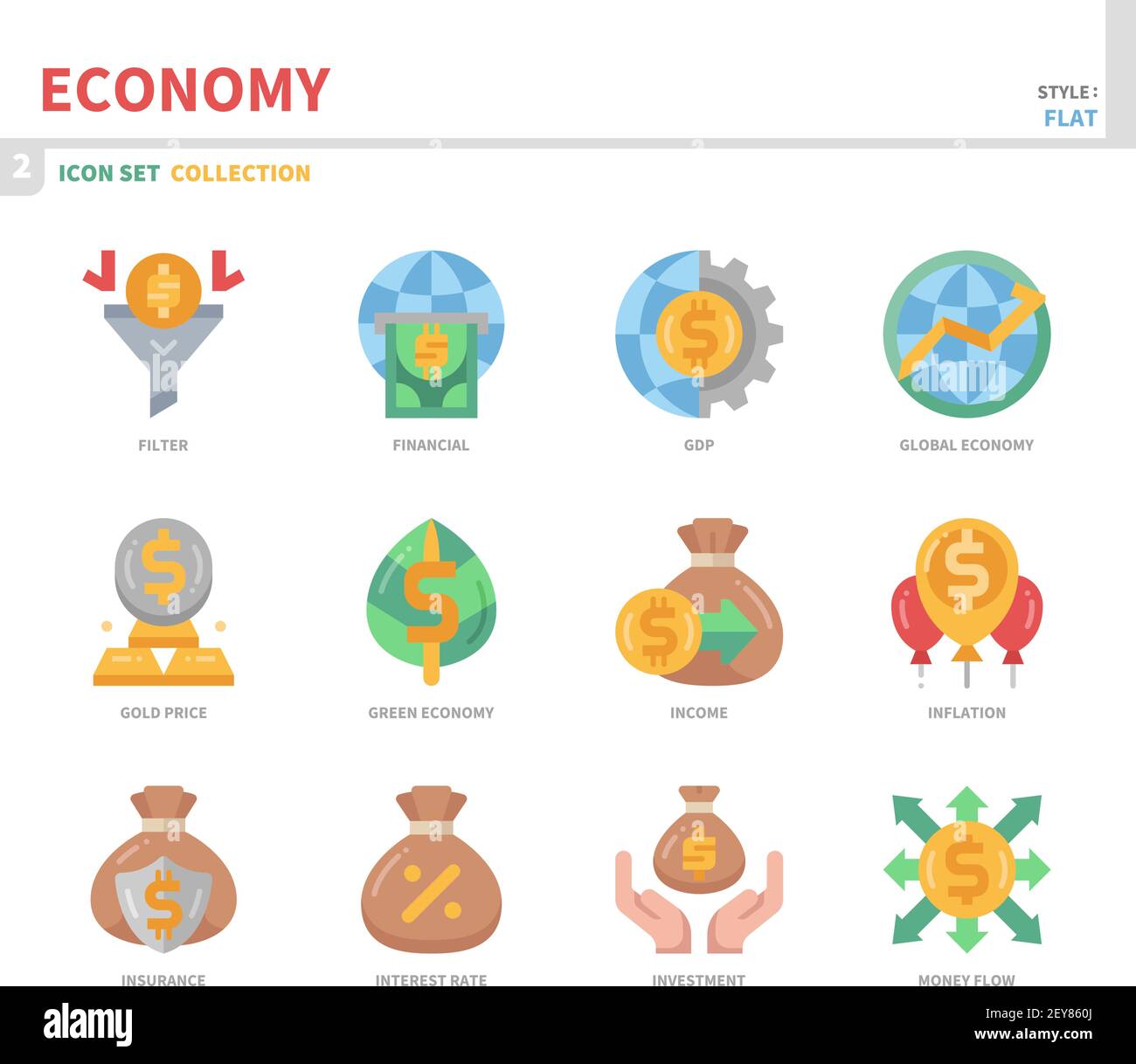 set di icone economy, stile piatto a colori, vettoriale e illustrazione Illustrazione Vettoriale