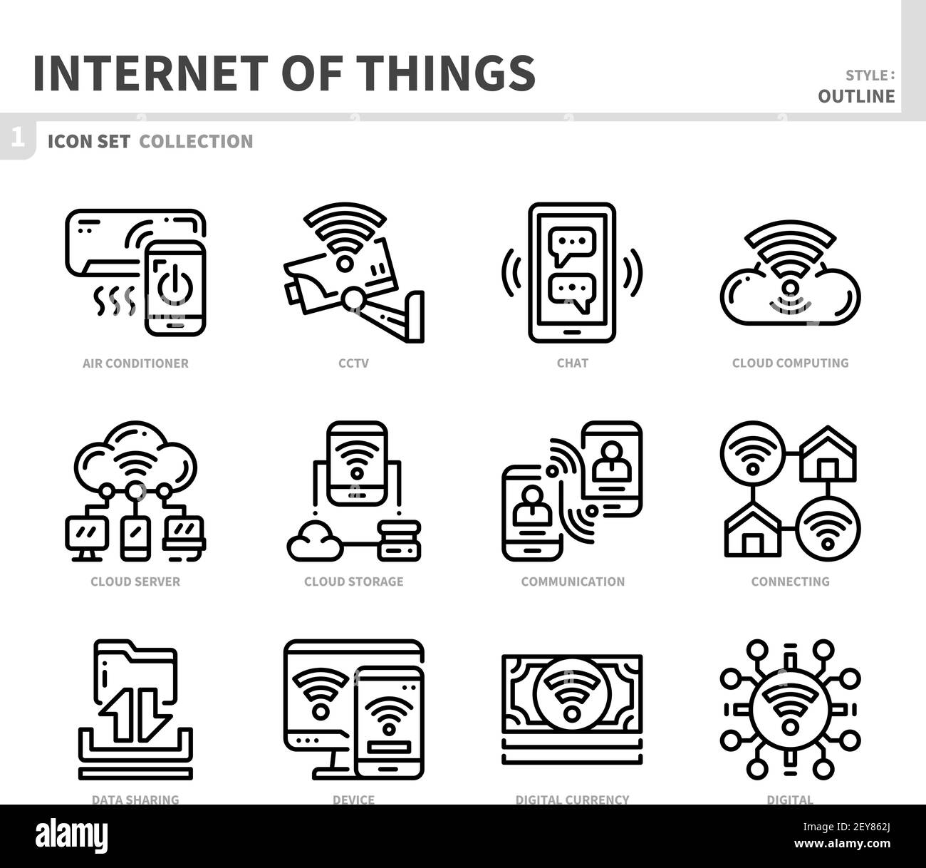 set di icone internet of things, stile contorno, vettore e illustrazione Illustrazione Vettoriale