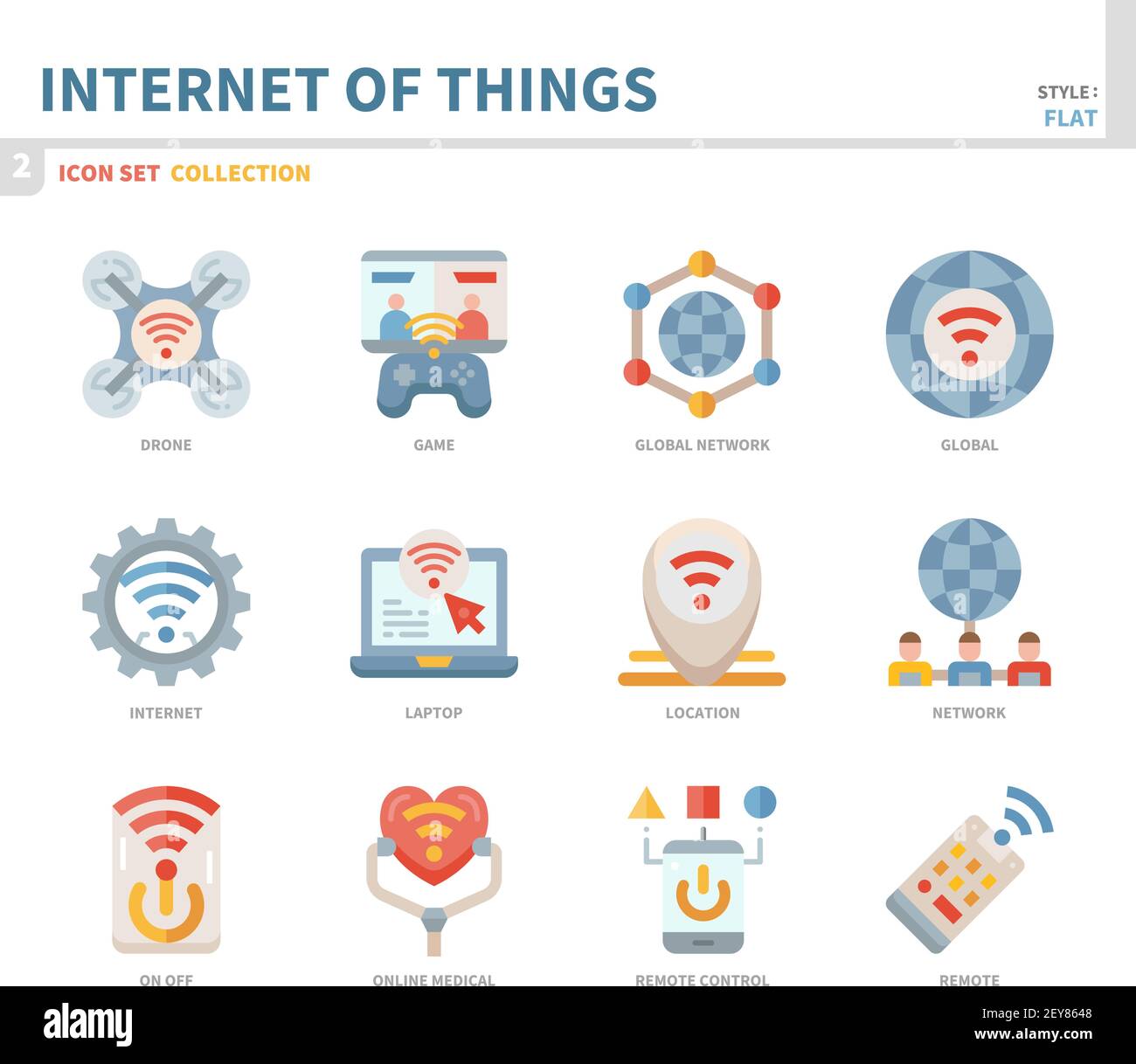 set di icone internet of things, stile piatto a colori, vettoriale e illustrazione Illustrazione Vettoriale