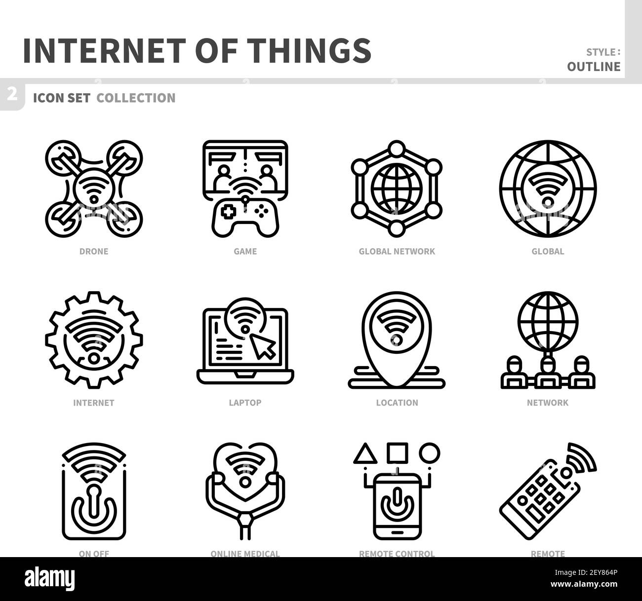 set di icone internet of things, stile contorno, vettore e illustrazione Illustrazione Vettoriale