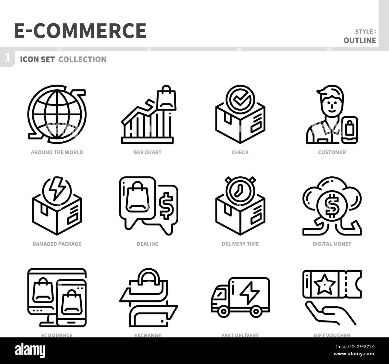 e-commerce e online shopping insieme di icone, profilo stile, vettore e illustrazione Illustrazione Vettoriale