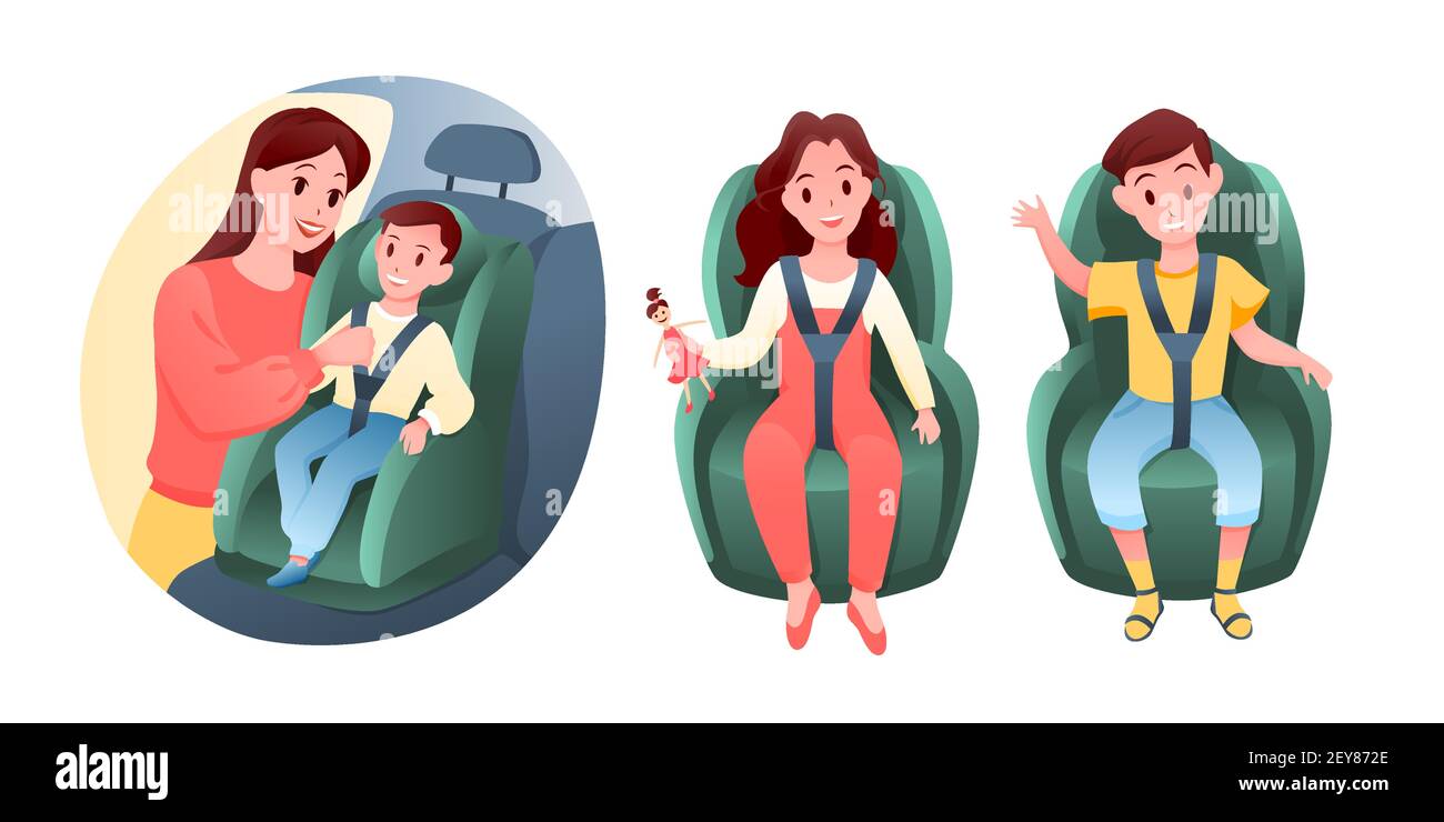 I bambini si siedono sul sedile dell'auto, il ragazzo felice e la ragazza che si siedono sulla sedia per viaggiare su strada Illustrazione Vettoriale